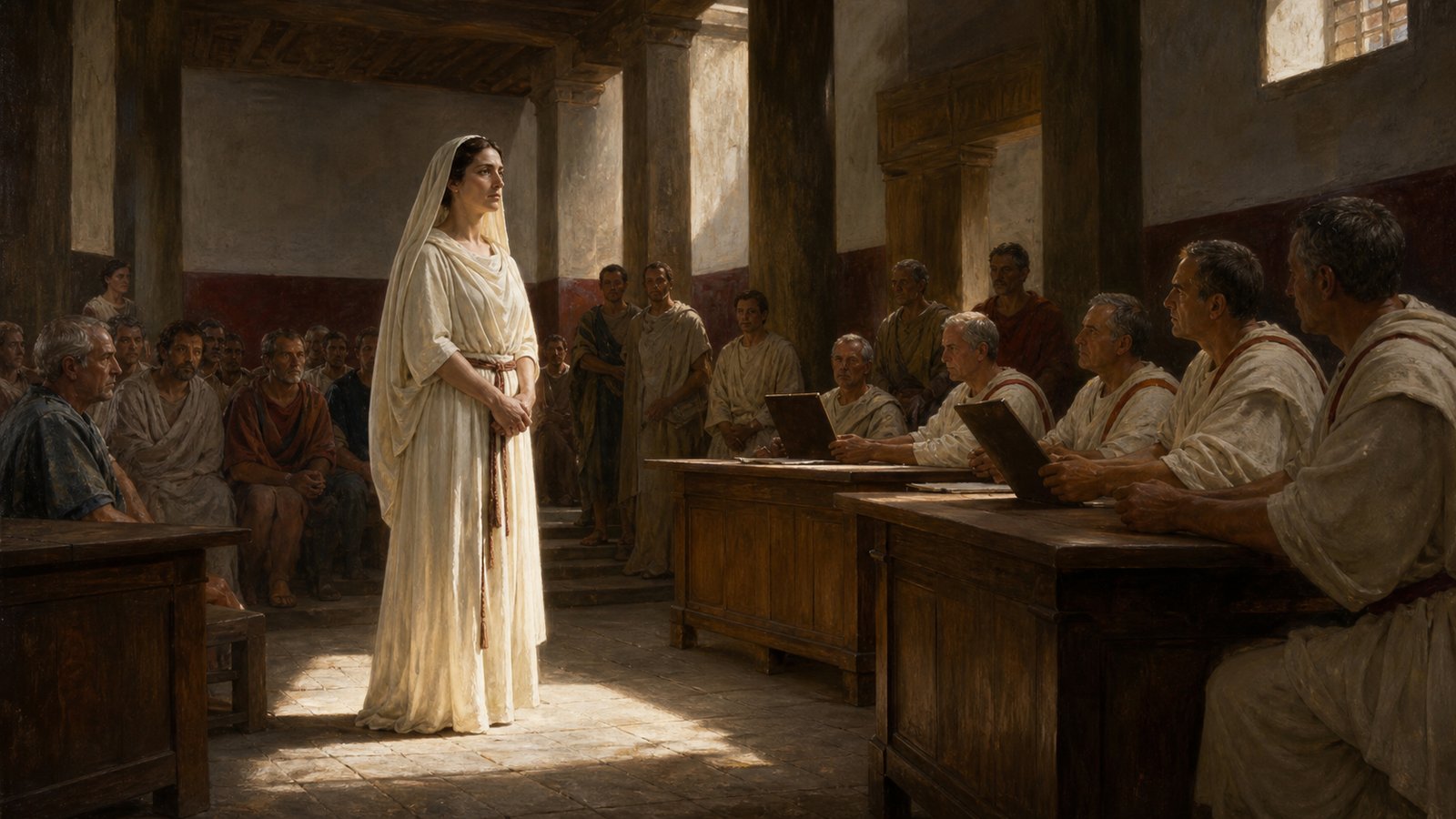 Inside an early Roman civic hearing, Taracia stands composed before seated magistrates as the exceptional right granted by the Horatian law lets her testimony enter a legal space normally closed to women.