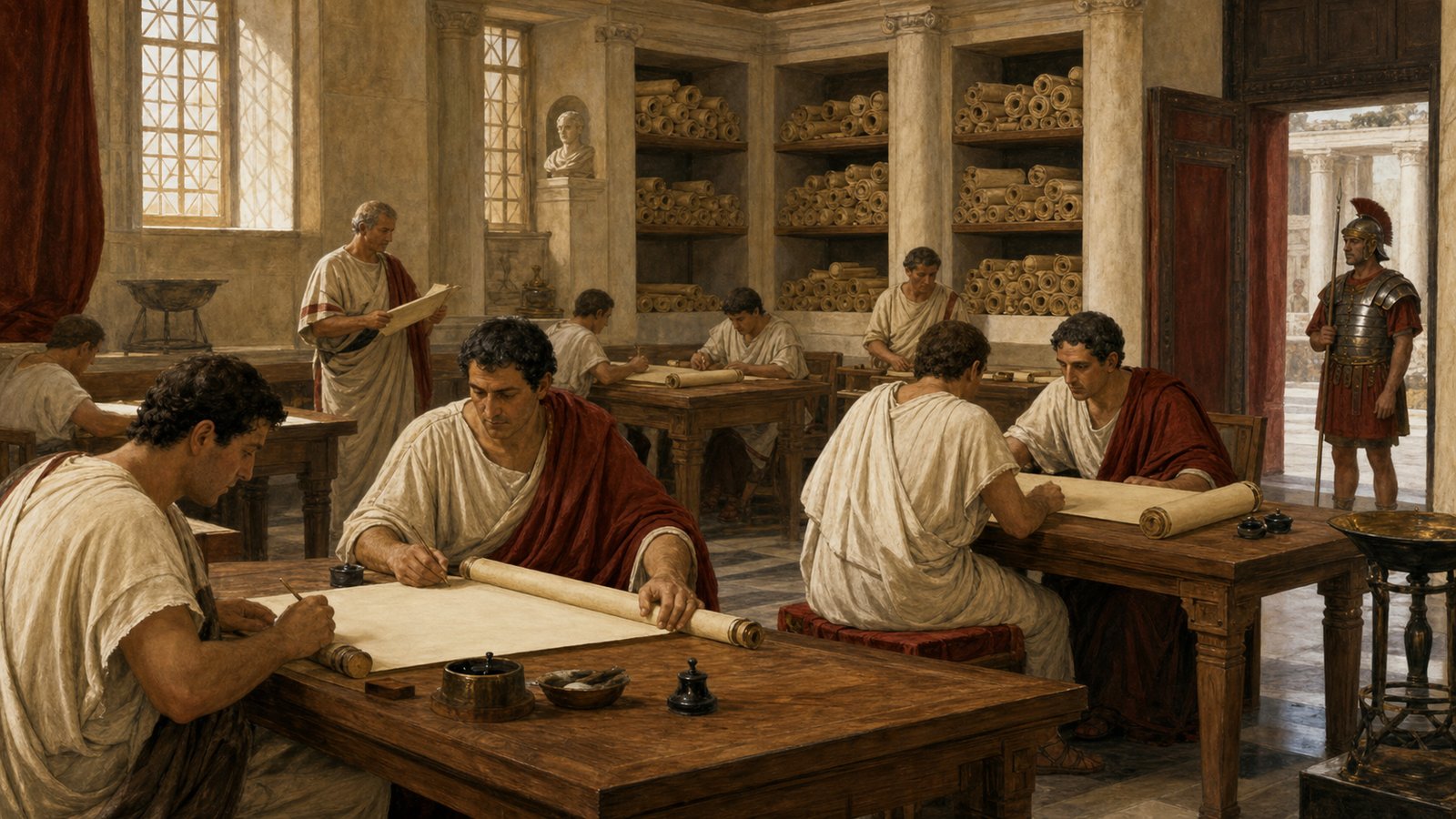 Inside a Palatine library, scholars compare and copy texts that the collection’s rules require to remain on site.