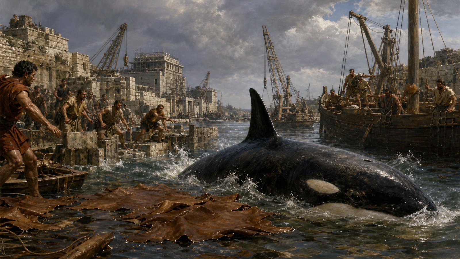 At Claudius’s half-built harbour of Ostia, an immense orca’s dark back breaks the shallow water beside floating plain leather hides while workers and generic Roman cargo boats recoil, with no blood or text.