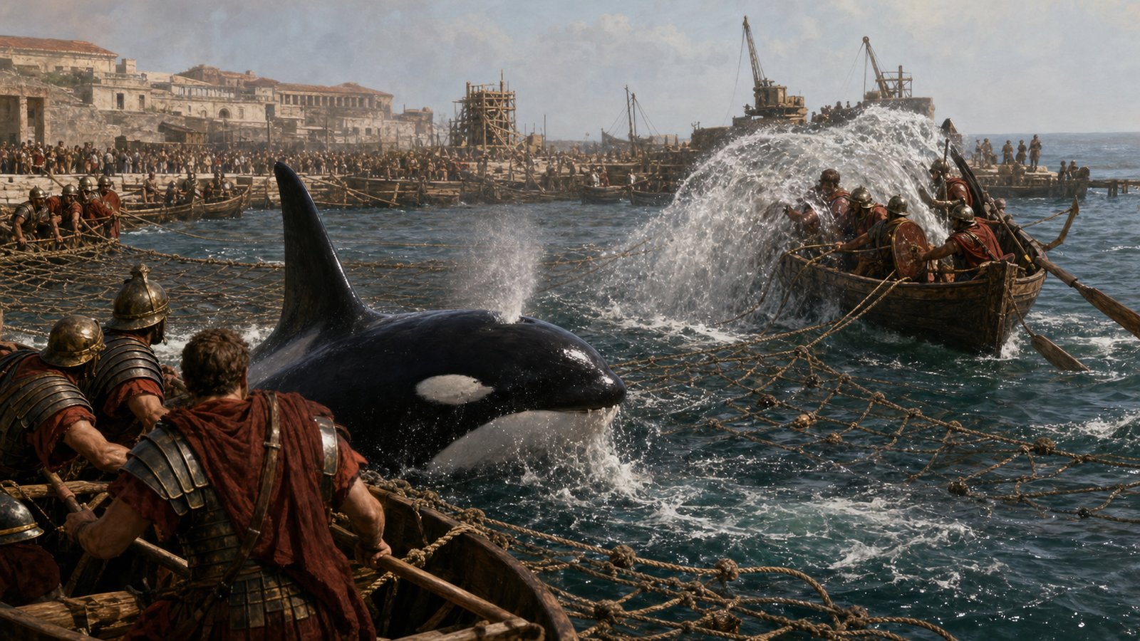 Roman boats and praetorian soldiers close around a trapped orca behind heavy nets stretched across the harbour mouth as the animal’s breath throws a great sheet of water over one small boat.