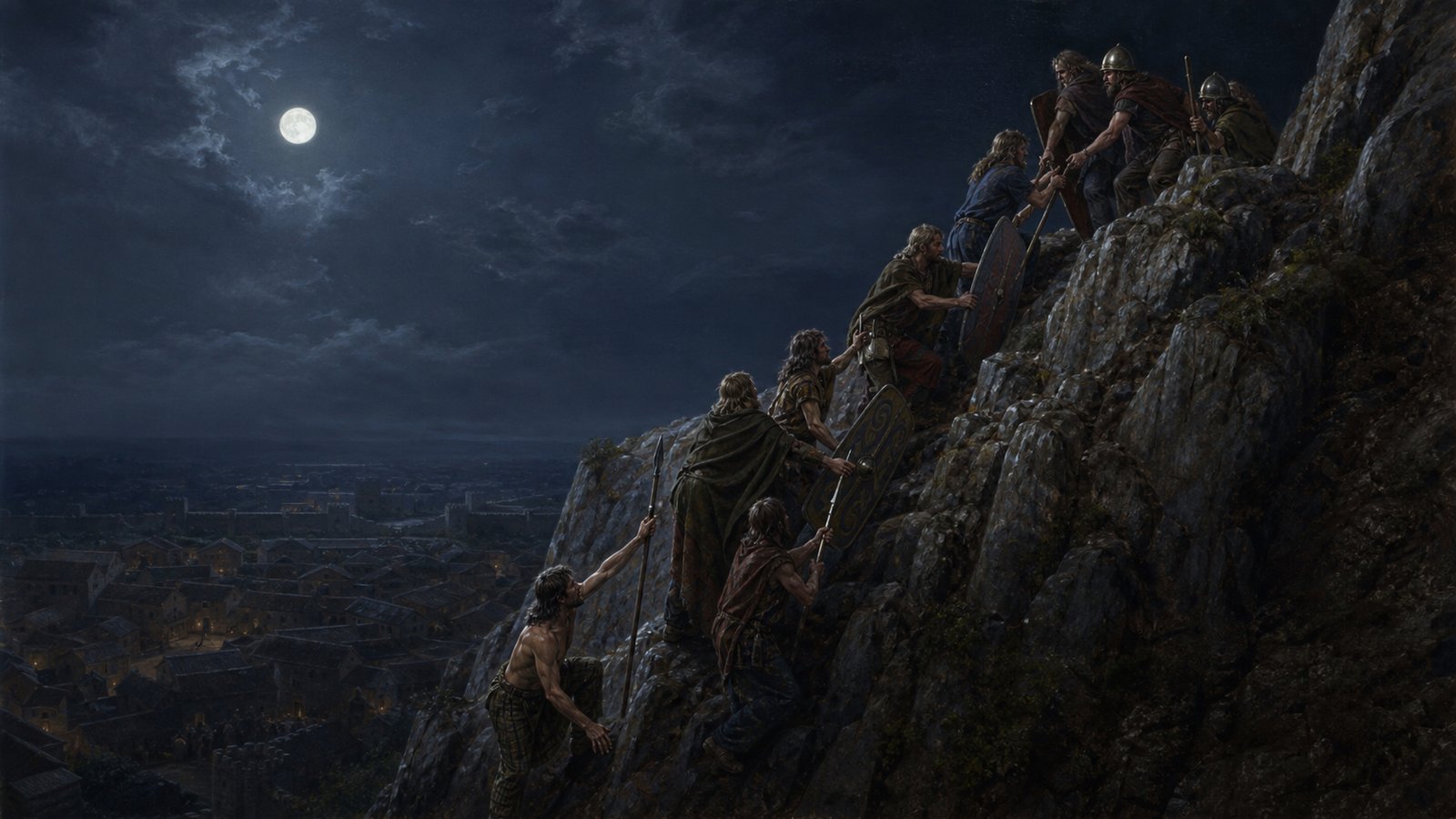 The attackers climbed single-file, passing weapons and supporting one another where the rock became difficult.