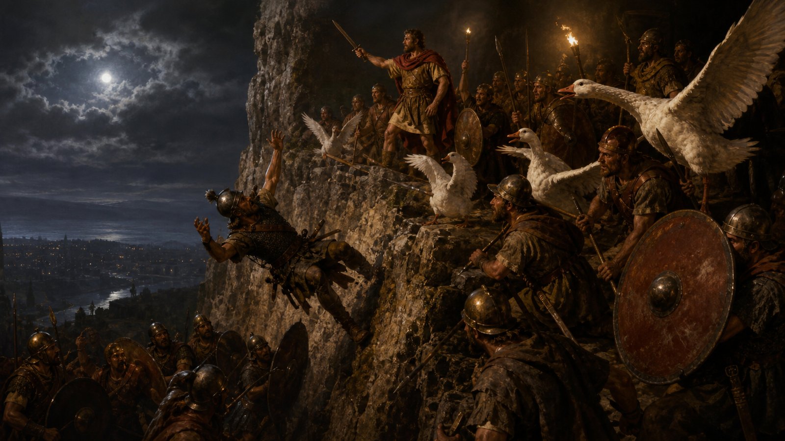 The birds’ alarm gave Manlius time to meet the first climber before the Gauls could form on level ground.