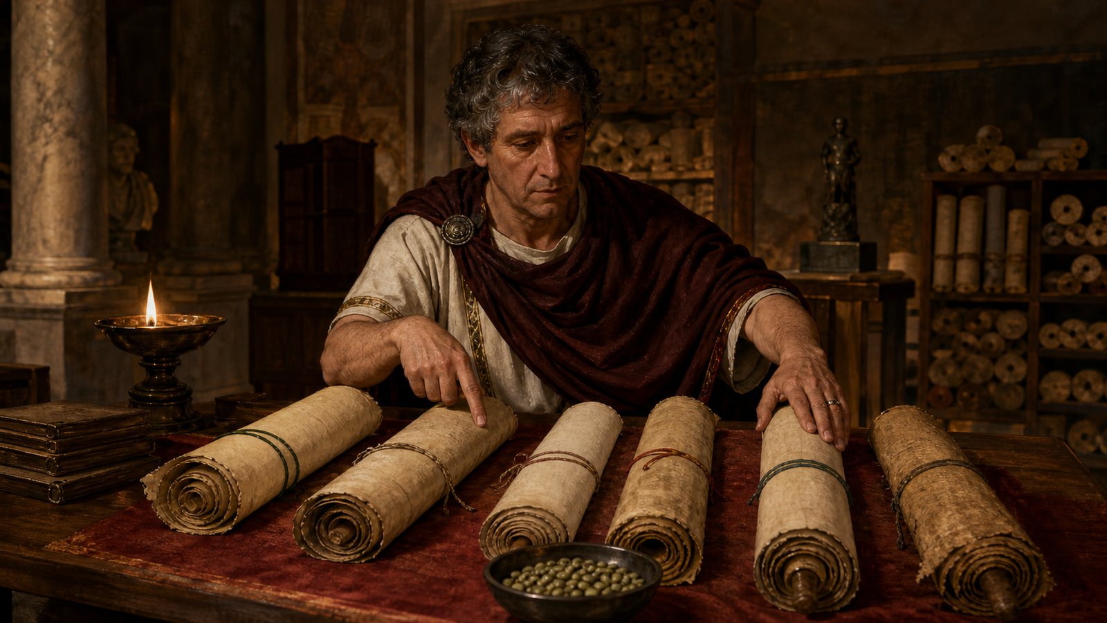 A vertical cinematic ancient library and dining scene: Aulus Gellius compares several open papyrus rolls while a modest table beside him holds a bowl of broad beans, bread and small portions of food; ghostlike but non-portrait philosopher silhouettes suggest competing witnesses rather than one certain Pythagoras, warm lamplight, no readable writing, no text, no watermark.