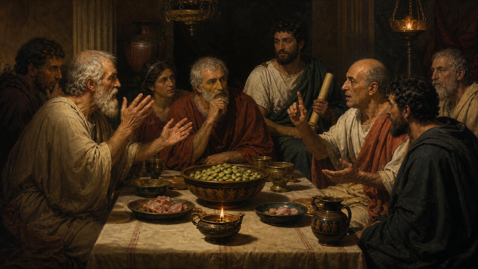 A wide horizontal cinematic scholarly scene in a Roman library: Gellius lays five differently aged papyrus rolls side by side, using colored cords and his finger to compare conflicting traditions, with a simple bowl of beans as the disputed object, shelves and wax tablets behind, no legible letters, no inscriptions, no watermark.