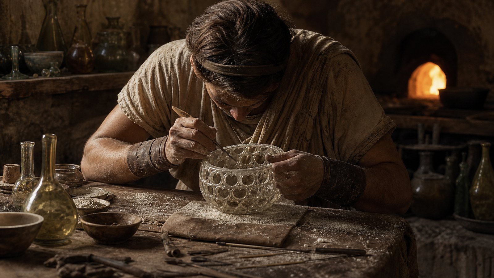 A late Roman glass cutter works beneath the open lattice of a colourless cage cup, leaving tiny concealed bridges between the floating network and inner bowl.