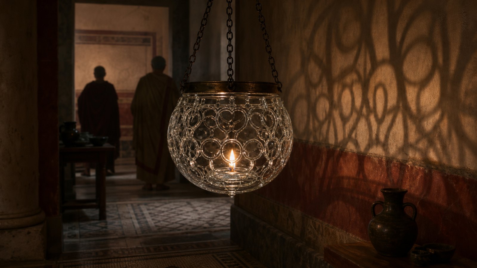 A hemispherical late Roman cage cup hangs as a possible oil lamp in a dark elite interior, its circular and heart-shaped lattice casting geometric shadows across plaster walls.