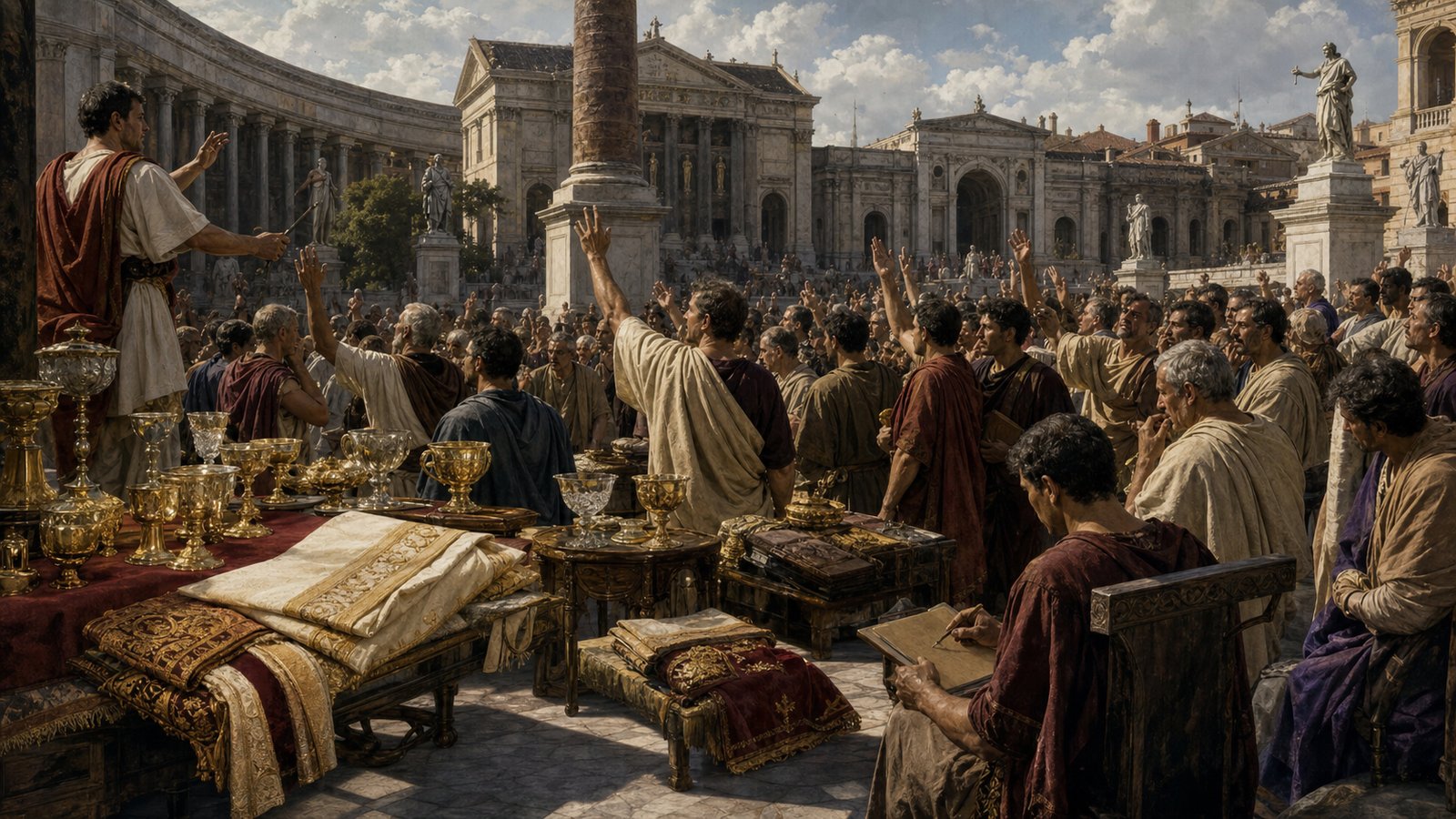The later imperial biography says gold and crystal vessels, royal flagons, embroidered silk and Hadrianic jewels were offered in the Forum of Trajan during the wartime sale.