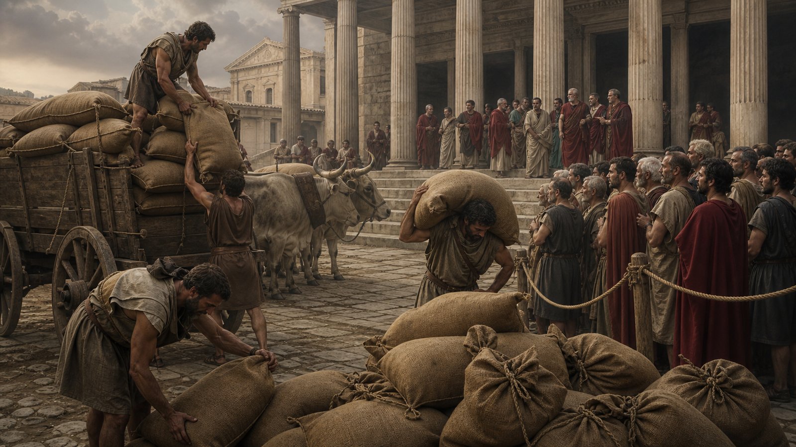 Ancient Rome during a grain crisis, adult porters unloading plain tied sacks from ox carts near the Senate house while a dense mixed crowd waits behind a rope line and magistrates confer under a stone portico, tension centered on the physical cargo rather than violence, cinematic realistic oil-painting, muted earth tones and deep red accents, vertical 4:5 composition, historically plausible late Republican material culture, no text, letters, numerals, inscriptions, emblems, modern objects, signatures, or watermark.