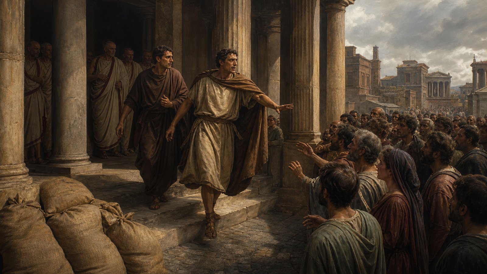 A wide ancient Roman political scene outside the Senate house, plain grain sacks stacked in the foreground as adult plebeian tribunes hurry from a shadowed portico toward an anxious forum crowd, senators visible deeper inside, the movement of news from chamber to street made visually clear, cinematic realistic oil-painting, horizontal 16:9, no text, lettering, scroll marks, signs, crests, modern objects, signatures, or watermark.