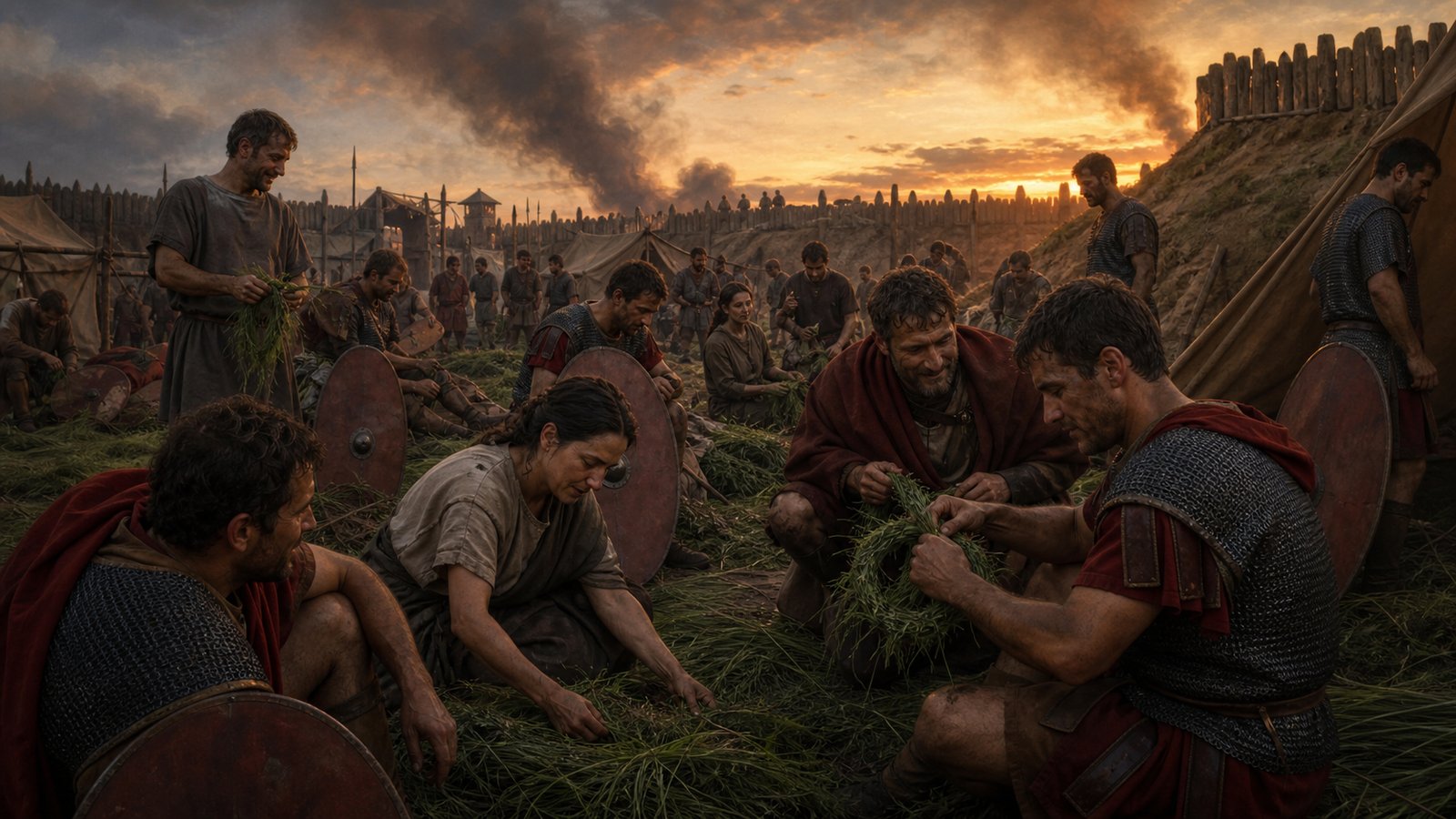 Inside a hard-pressed Republican Roman camp, exhausted generic soldiers gather living grass from the earth near their tents and rampart after relief has arrived; the humble material and relieved faces dominate, with no text or insignia.