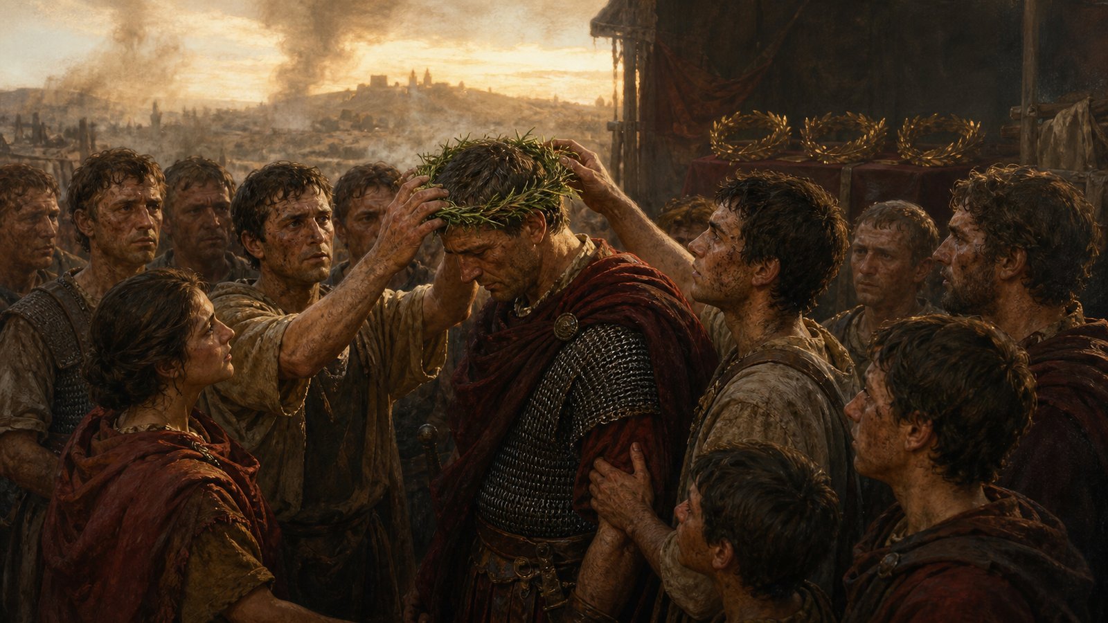 At a restrained Republican ceremony, survivors of a relieved siege place a hand-woven grass crown on a generic commander while gold military crowns rest farther away, emphasizing the local earth and collective gratitude without readable inscriptions.