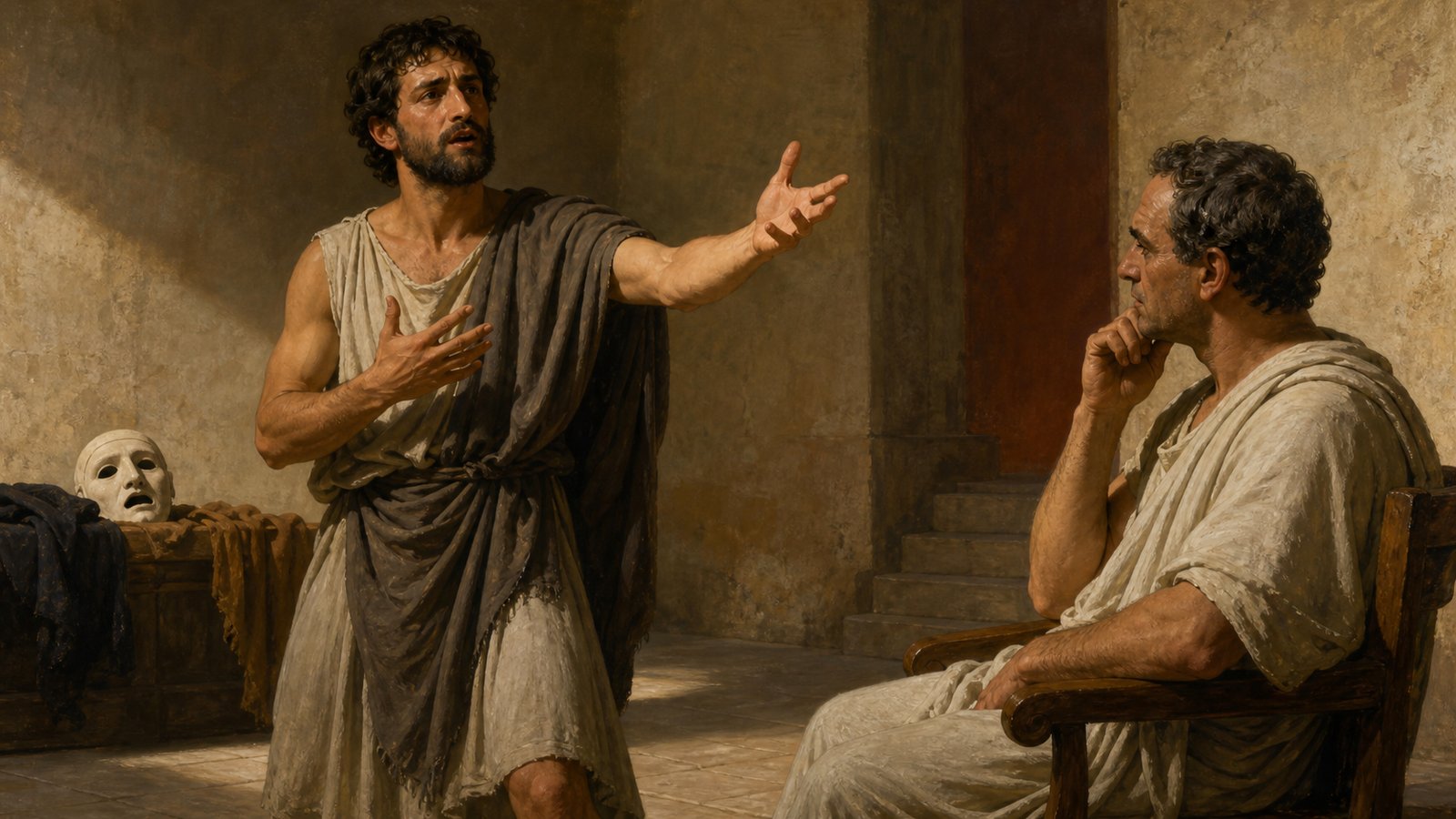 Demosthenes works alone in a small lamplit underground study, one side of his adult head closely shaved, rehearsing gestures before a plain wall with blank writing surfaces nearby.
