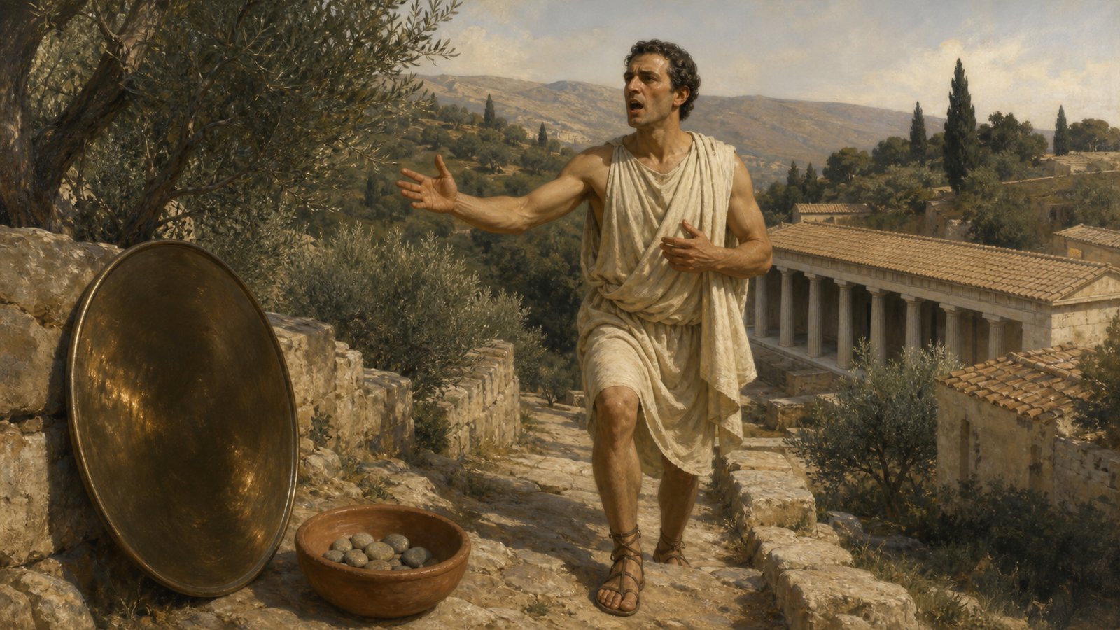 In a private Greek courtyard, the adult orator practices controlled projection while climbing a steep stone path, then checks stance and gesture in a large polished bronze mirror.