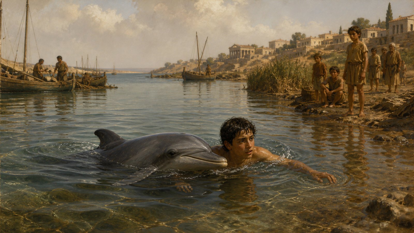 A vertical cinematic editorial reconstruction at a Roman North African coastal lagoon: an unnamed boy swimmer close to shore rests one arm lightly across the back of a dolphin while other boys watch from the shallows, townspeople gathering on a modest quay in amazement, Roman-era fishing boats and plain buildings, warm late-afternoon light, emotion focused on trust and rising public attention rather than fantasy, realistic oil-painting style, no text, no logos, no watermark.
