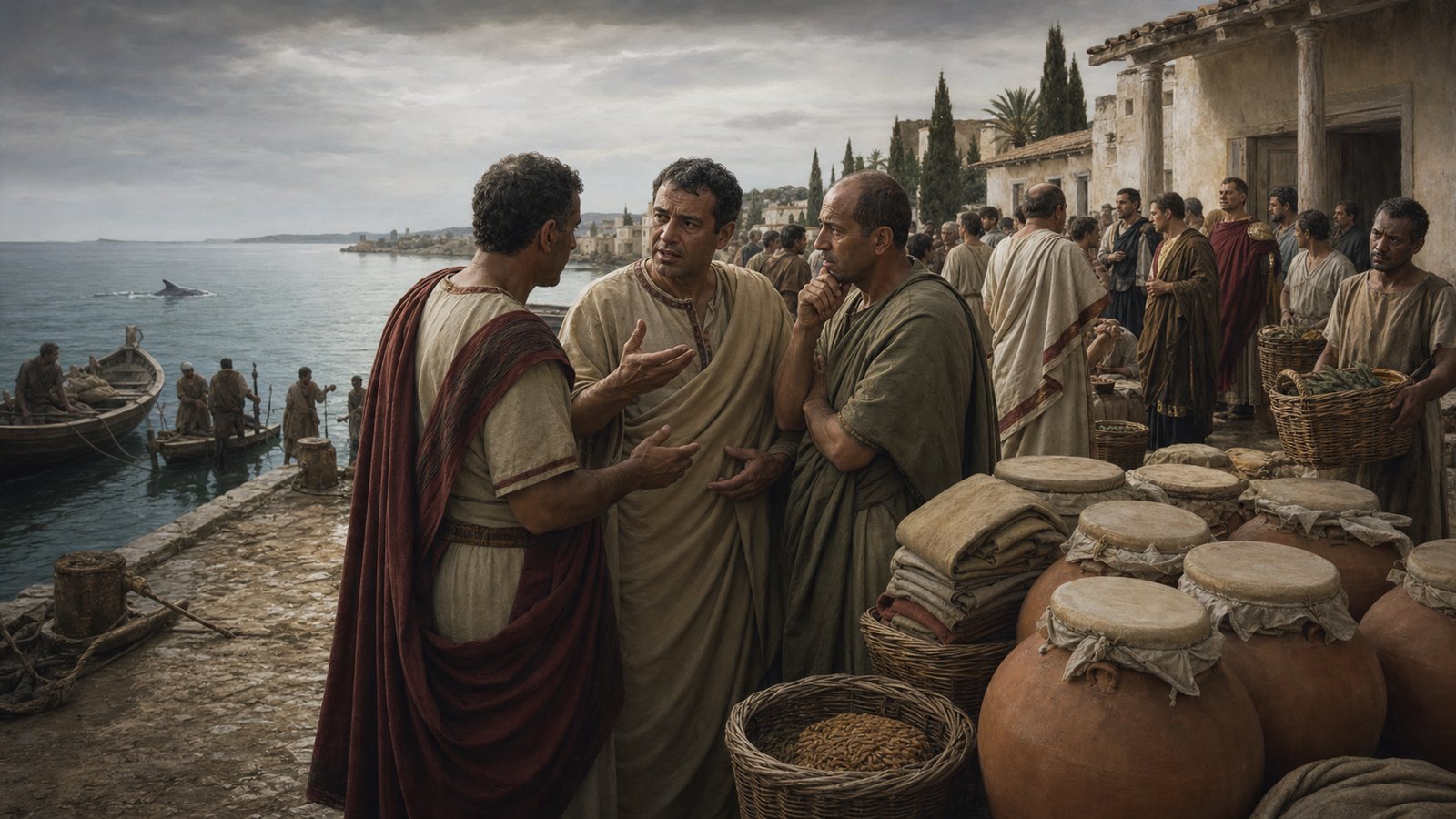 A wide cinematic scene at Hippo’s tidal lagoon: a dolphin circles an anxious young swimmer and then supports him toward the shore while playmates and fishermen watch from a distance, the channel opening toward the sea behind them, historically plausible Roman North African colony, realistic restrained oil-painting, natural animal anatomy, no text, no inscriptions, no watermark.