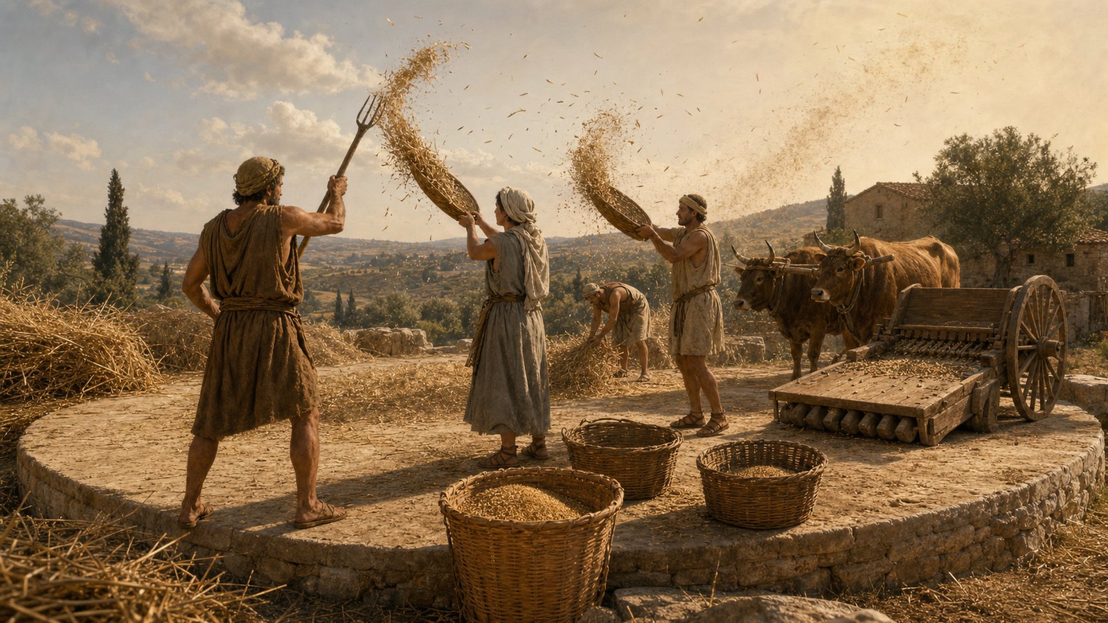 A wide elevated Roman farm threshing floor at late summer harvest, round packed-earth surface with a subtle raised centre, workers arranging dry grain ears while yoked oxen pull a broad wooden threshing sledge whose underside is embedded with plain dark stones, low storage shed and baskets nearby, sunlit Italian countryside, historically plausible first-century agricultural clothing and tools, no text, lettering, symbols, labels, decorative carvings, modern machinery, or watermarks.