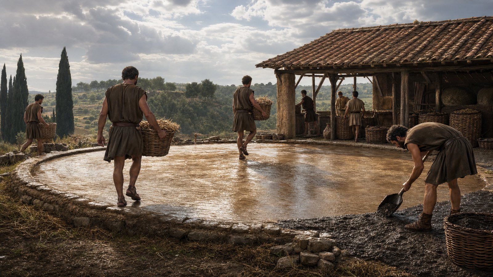 A wide action-rich Roman winnowing scene on the same elevated threshing floor in a gentle breeze: adult farm workers use wooden forks and woven fans to toss threshed grain, pale chaff drifting sideways while heavier kernels fall into plain baskets; oxen and a low wheeled toothed threshing cart rest in the background, practical dusty atmosphere, historically plausible materials, no text, letters, emblems, pseudo-writing, modern objects, or watermarks.