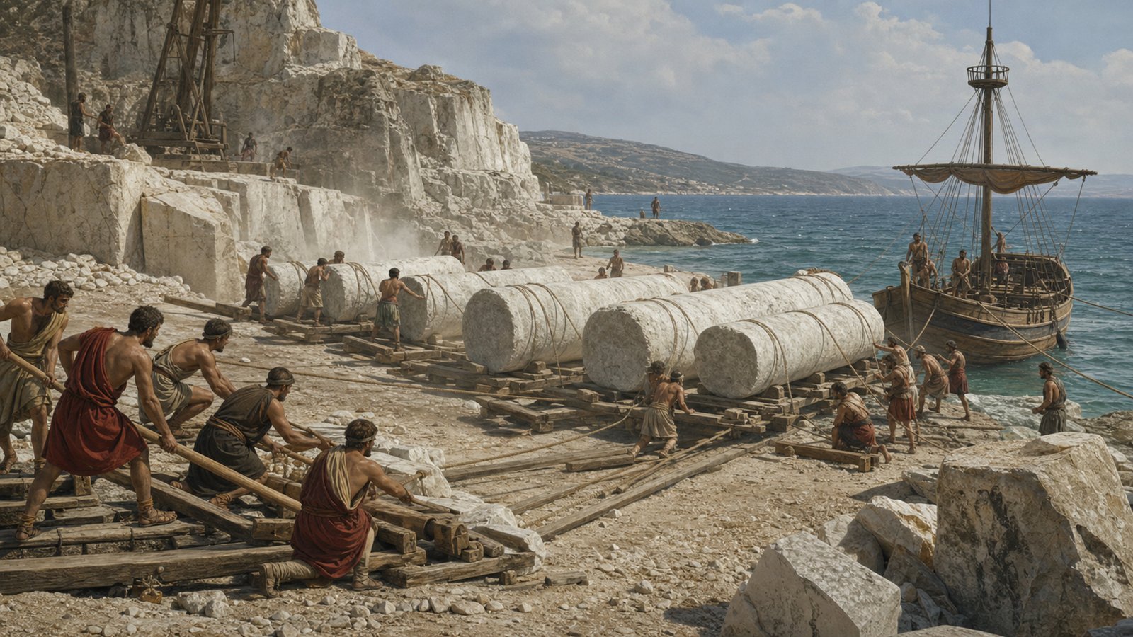 Workers use rollers, sledges, levers and ropes to move monumental marble drums from an island quarry toward a waiting stone carrier.