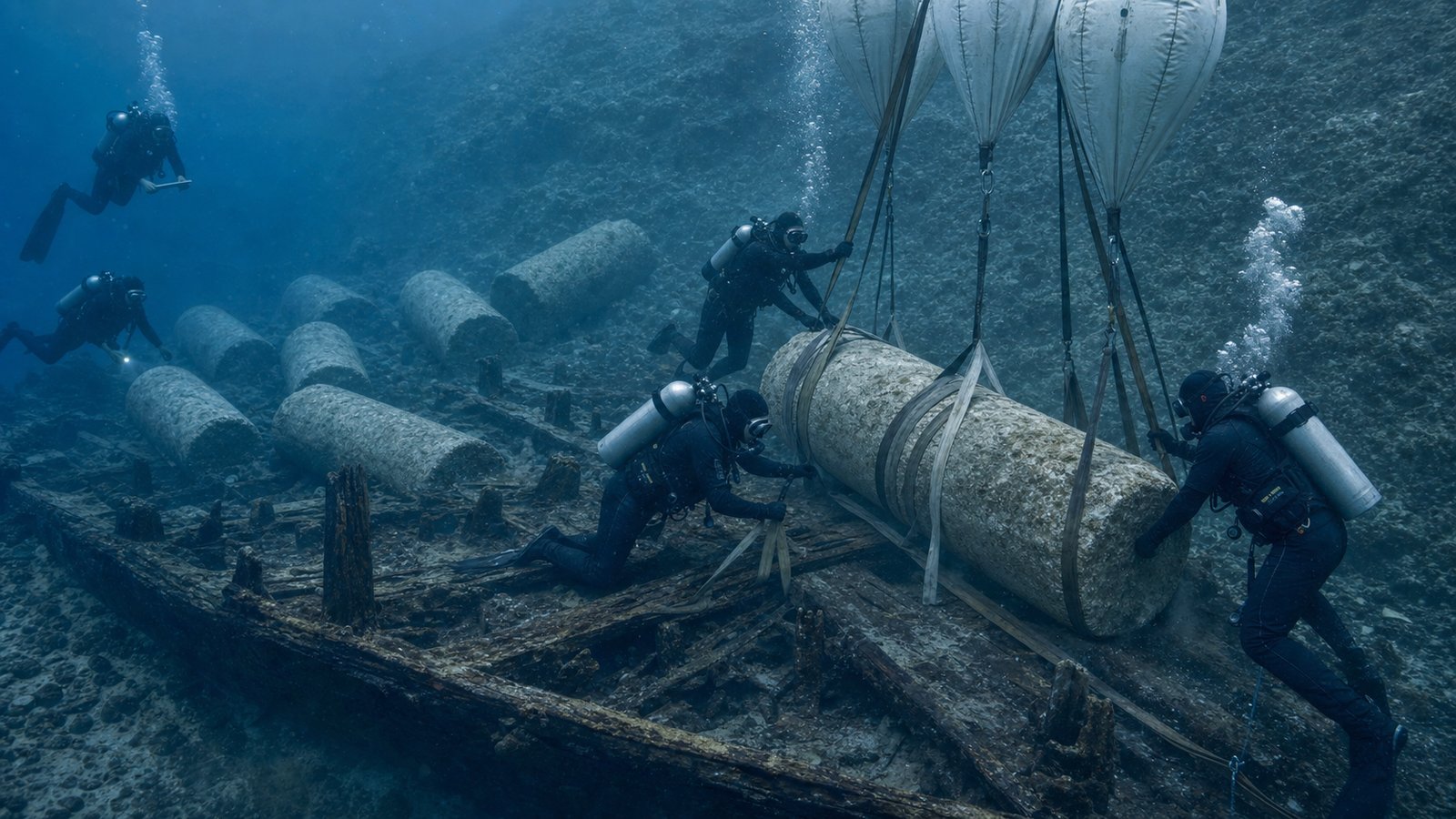 At nearly fifty metres depth, divers rig a multi-tonne drum while protecting the waterlogged hull timbers beneath it.