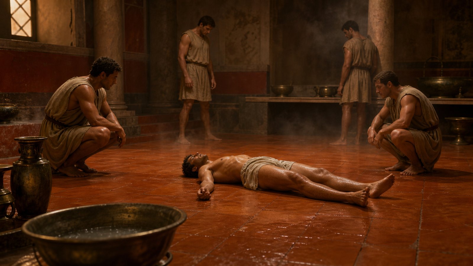 Inside a Roman villa bath near Formiae, Larcius Macedo lies motionless on heated pavement while his attackers watch for any reaction and steam obscures the room.
