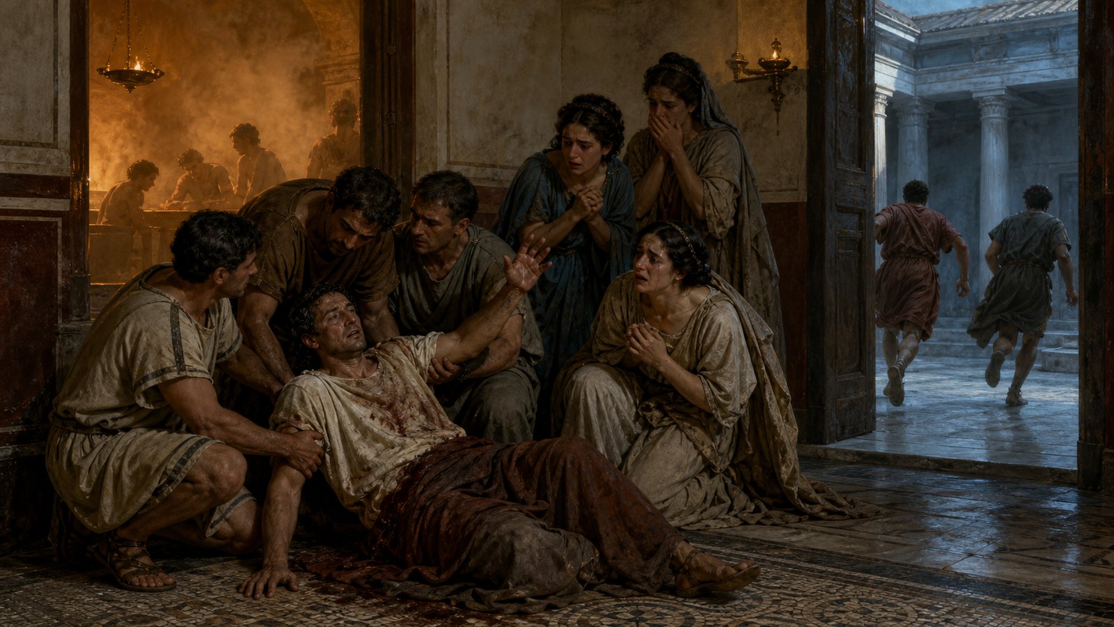 In a cooler antechamber, household attendants and grieving concubines realize Macedo is alive as the men who attacked him flee into the villa corridors.