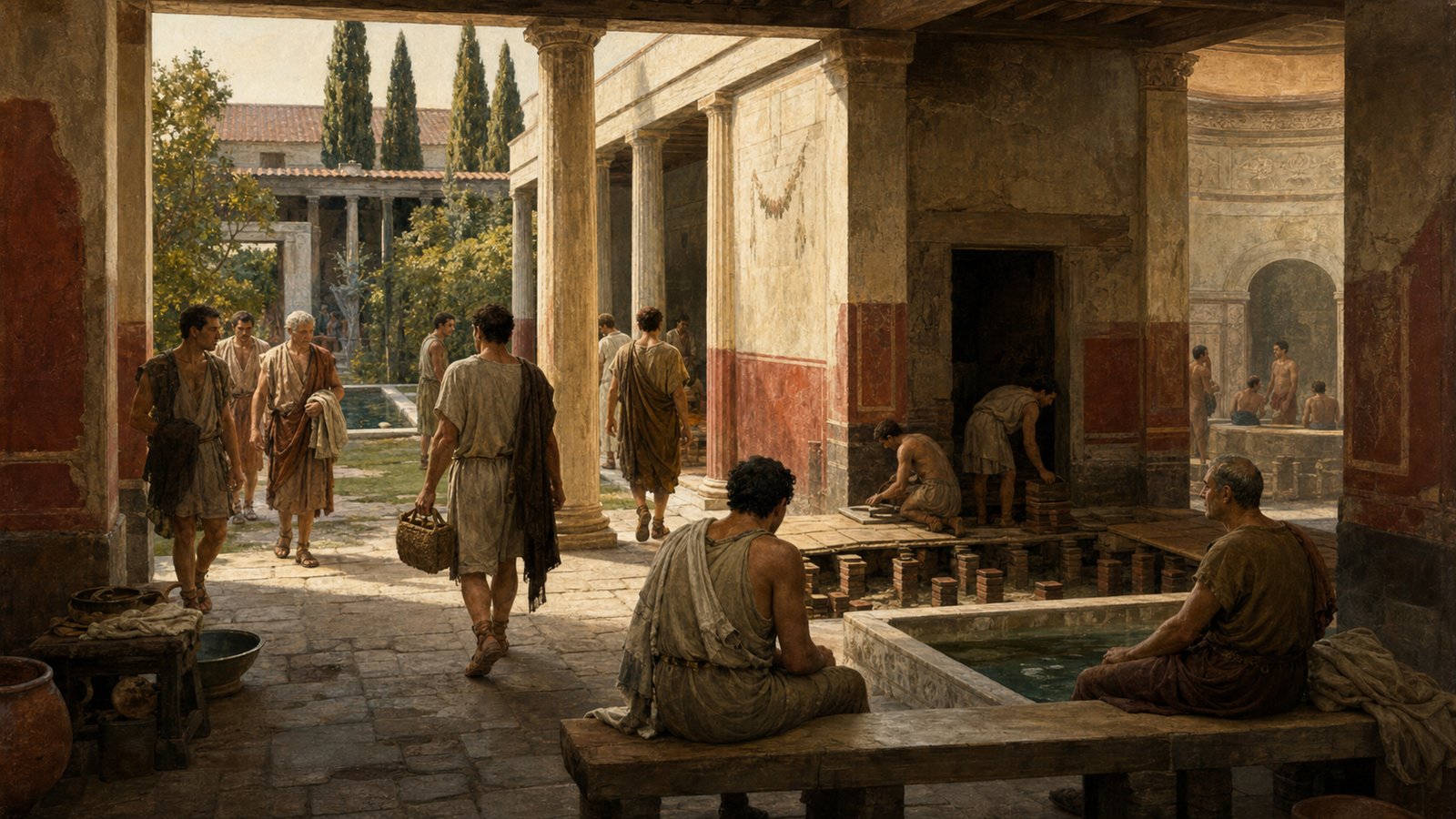 Customers enter the colonnaded waiting court before moving through Julia Felix’s sequence of bathing rooms.