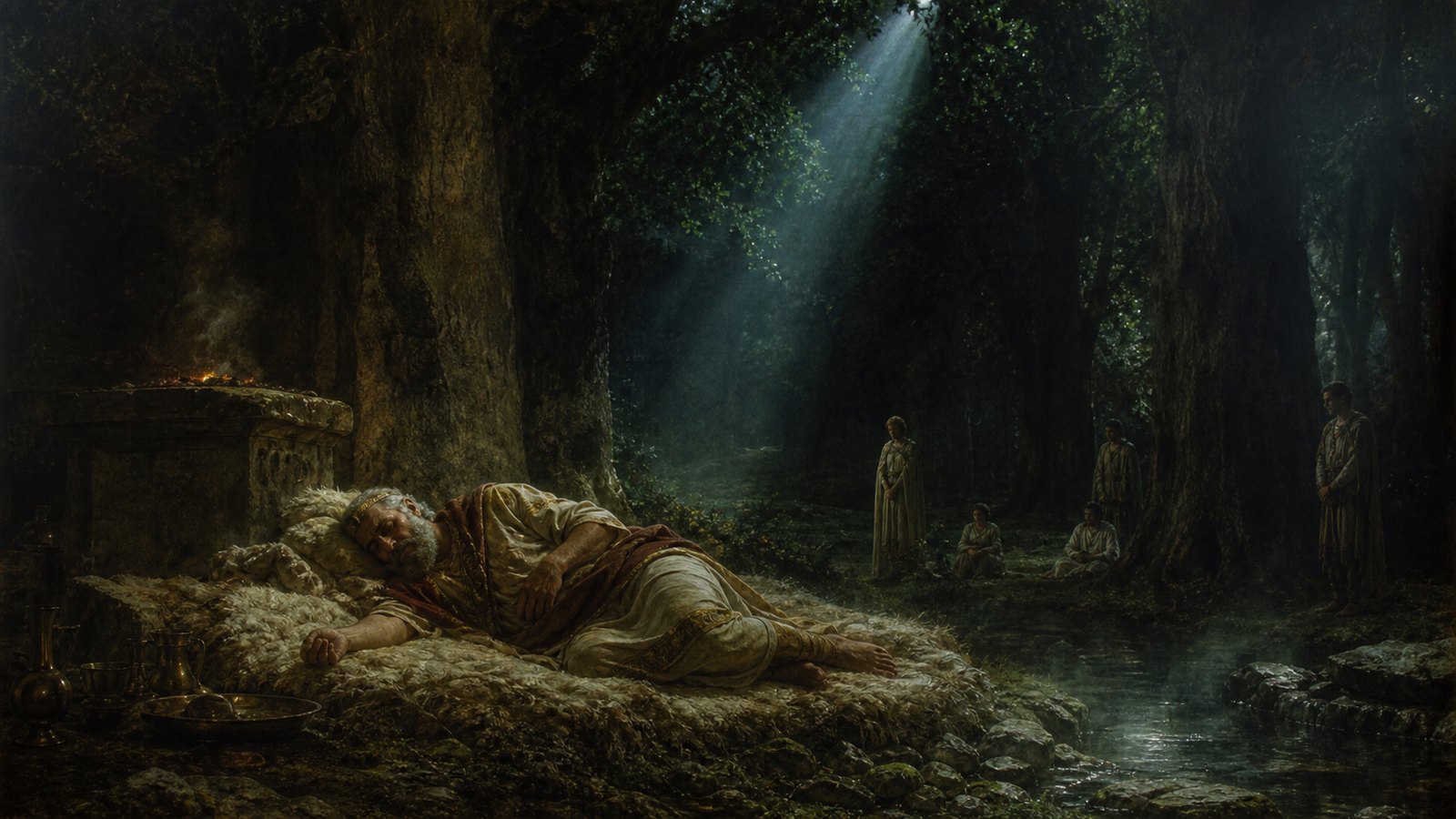 In Virgil’s legendary ancient Latium, a fictional elderly king in plain ceremonial robes reclines awake on a broad bed of clean cream-colored sheep fleeces beneath huge dark sacred trees, with an unmarked stone altar and a steaming spring beyond; attendants withdraw into torchlit shadow as night ritual begins, solemn dream-oracle atmosphere, no gore, no readable text, no modern objects.
