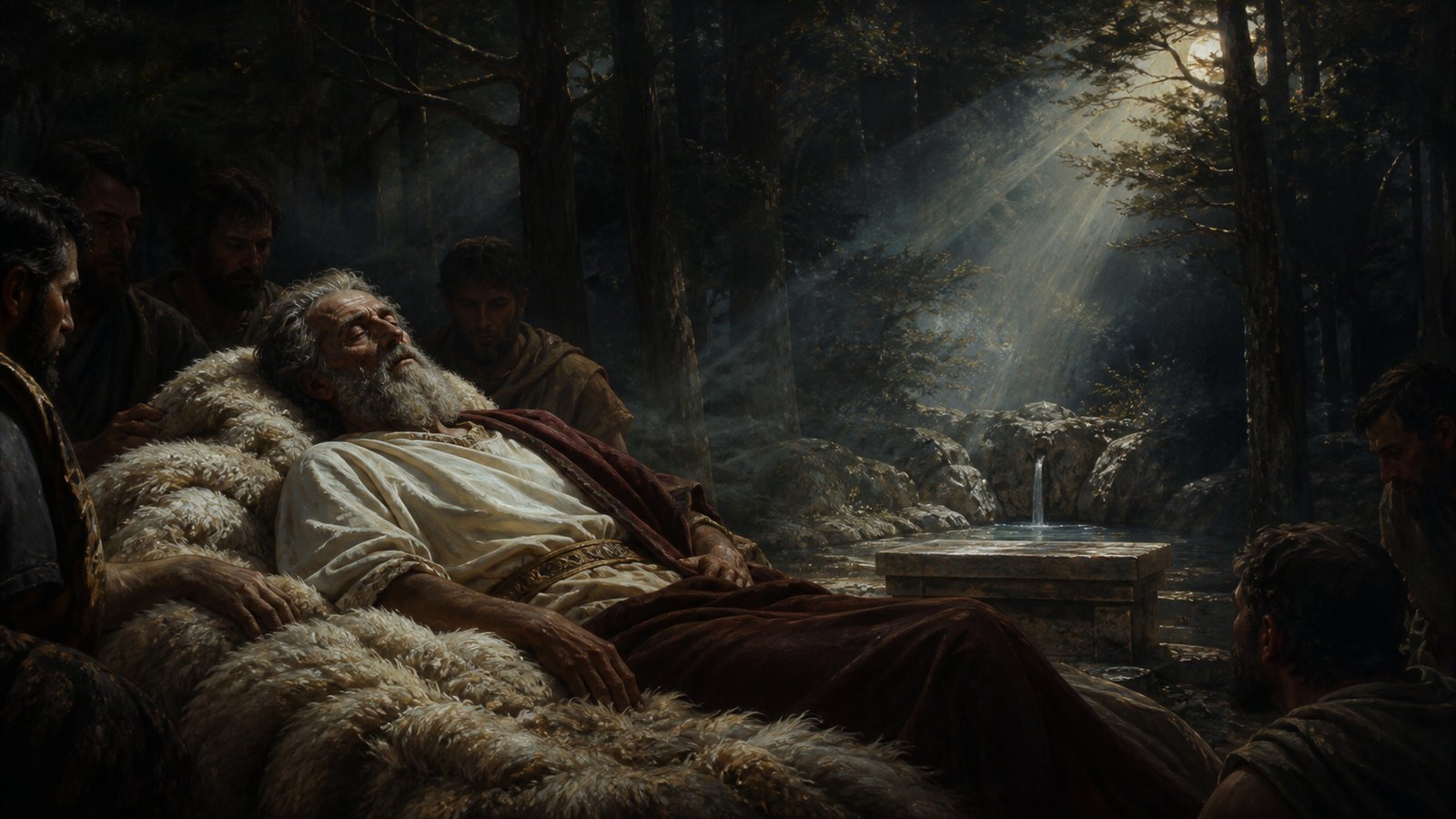 Deep in the same Albunea grove at midnight, the fictional sleeping king rests on layered wool fleeces while pale mist rises from a rocky sacred spring and a shaft of moonlight suggests a voice from the trees without depicting a god; discarded ceremonial cords and extinguished offering fire show completed ritual, historically inspired archaic Latium, no lettering, no famous likenesses, no modern objects.