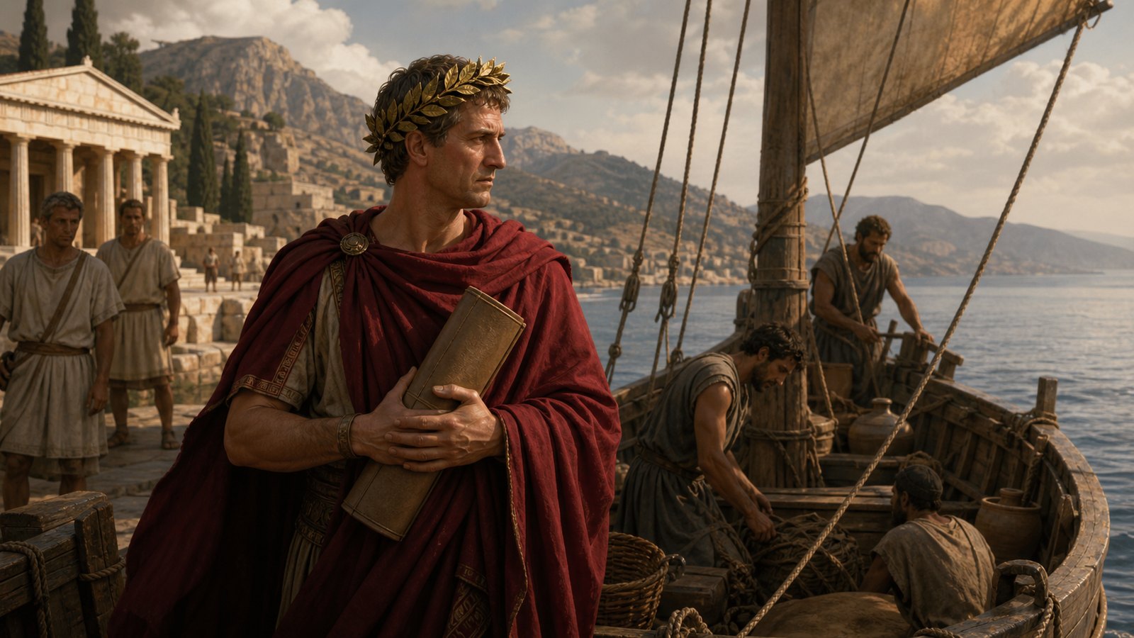 Still wearing the laurel prescribed at Delphi, Rome’s envoy boards for the return voyage while protecting the oracle’s written response.