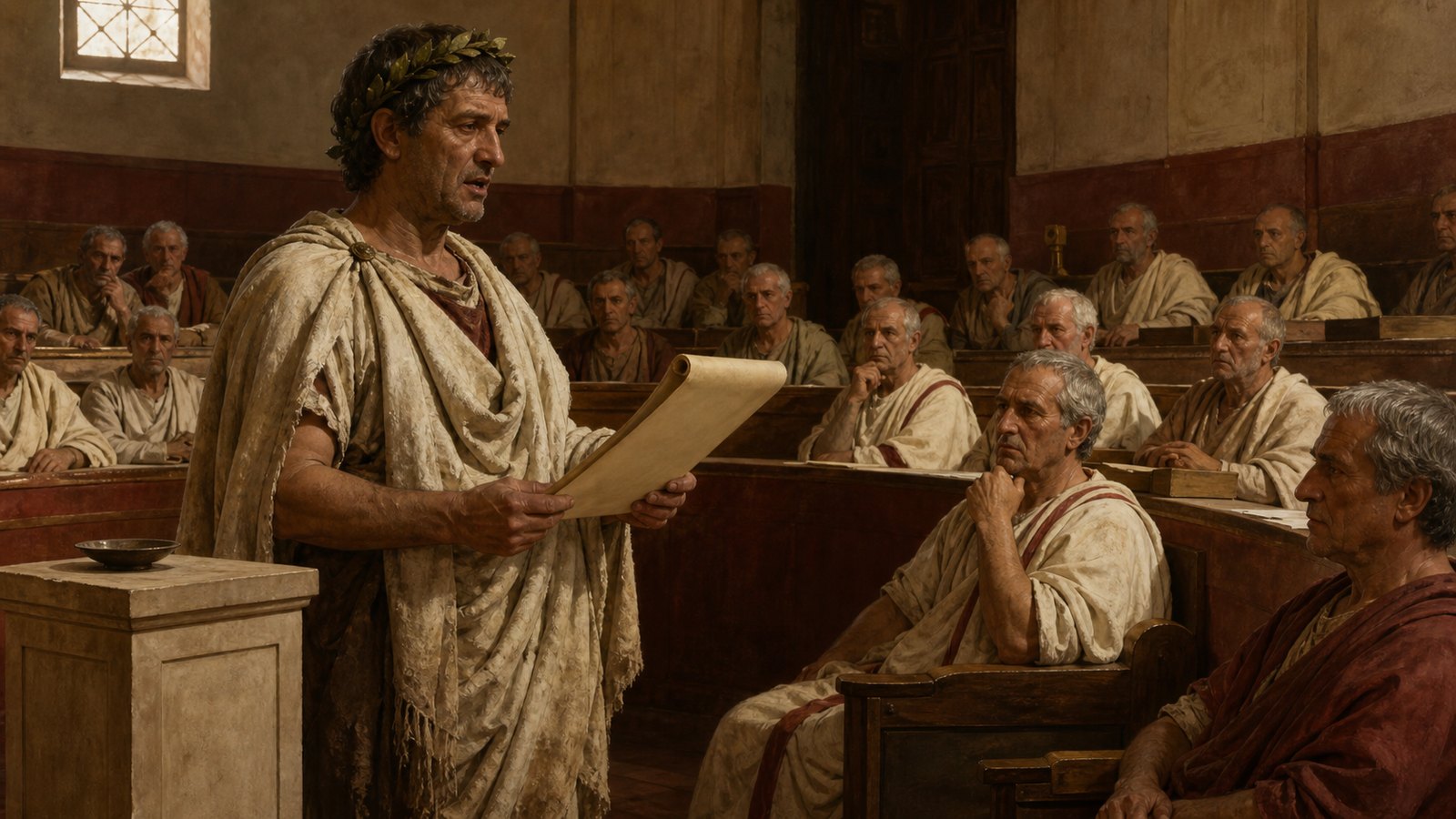 Back in a sober Roman Senate chamber, the travel-worn envoy reads and translates a Greek manuscript while the same laurel garland rests intact on his brow, turning a distant oracle into public instructions.
