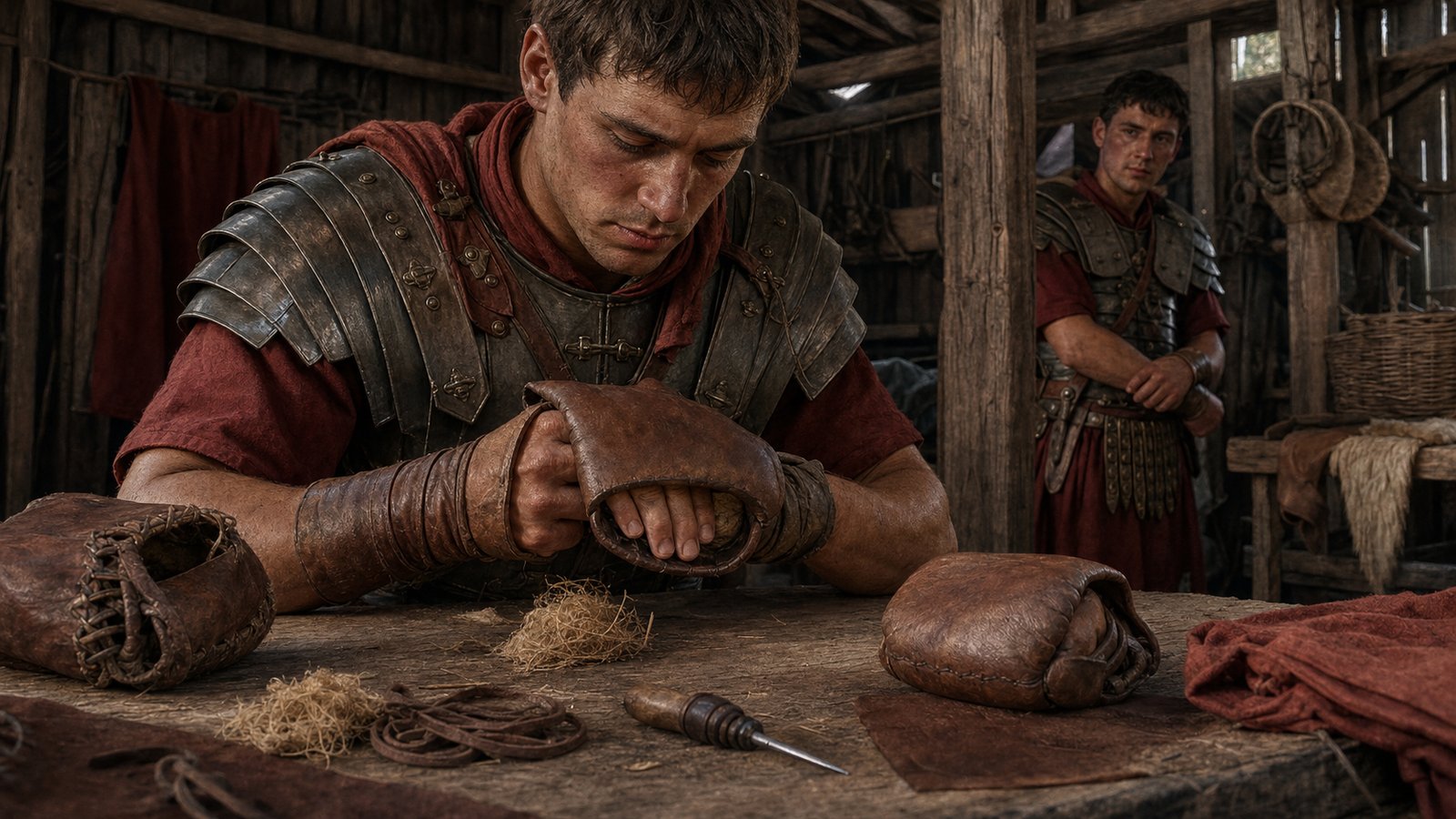 A cavalryman examines the folded leather, twisted hide and natural stuffing used to make compact hand guards.