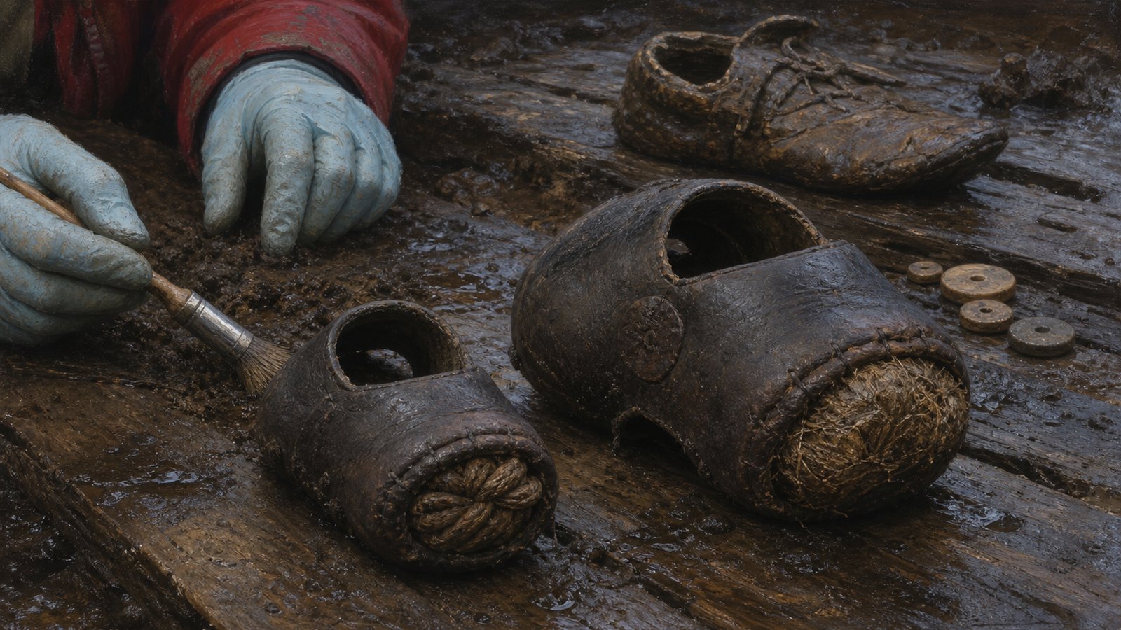 Two unmatched leather knuckle guards emerge from the waterlogged floor of a Vindolanda cavalry barrack.