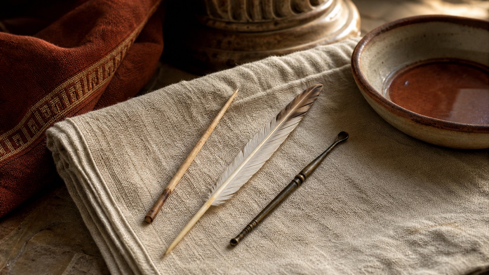 Martial’s sequence begins with two narrow tools: lentisc or quill for the teeth and a separate implement for an irritated ear.