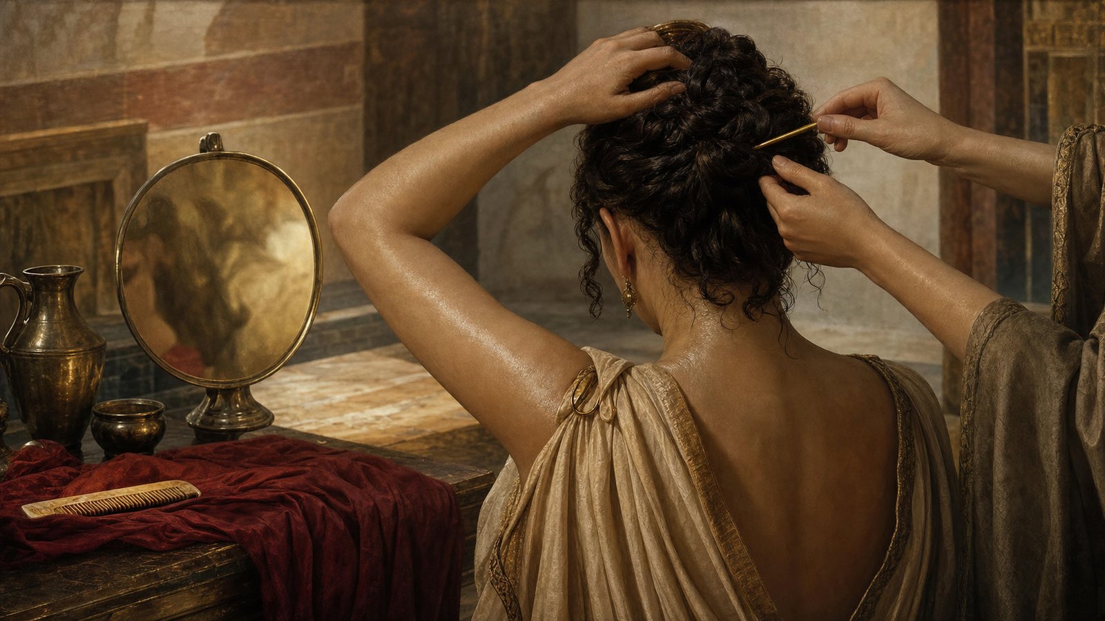 A golden pin lifted oiled, twisted hair away from silk while a boxwood comb exposed its owner to Martial’s joke about baldness.
