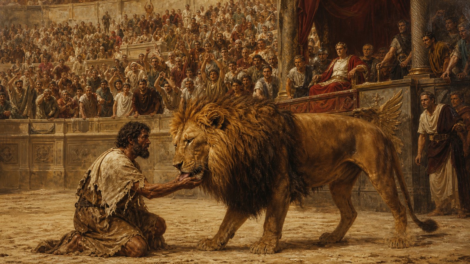 In Apion's claimed eyewitness story, the lion stops before the condemned Androclus and approaches without attacking as the Circus crowd reacts.
