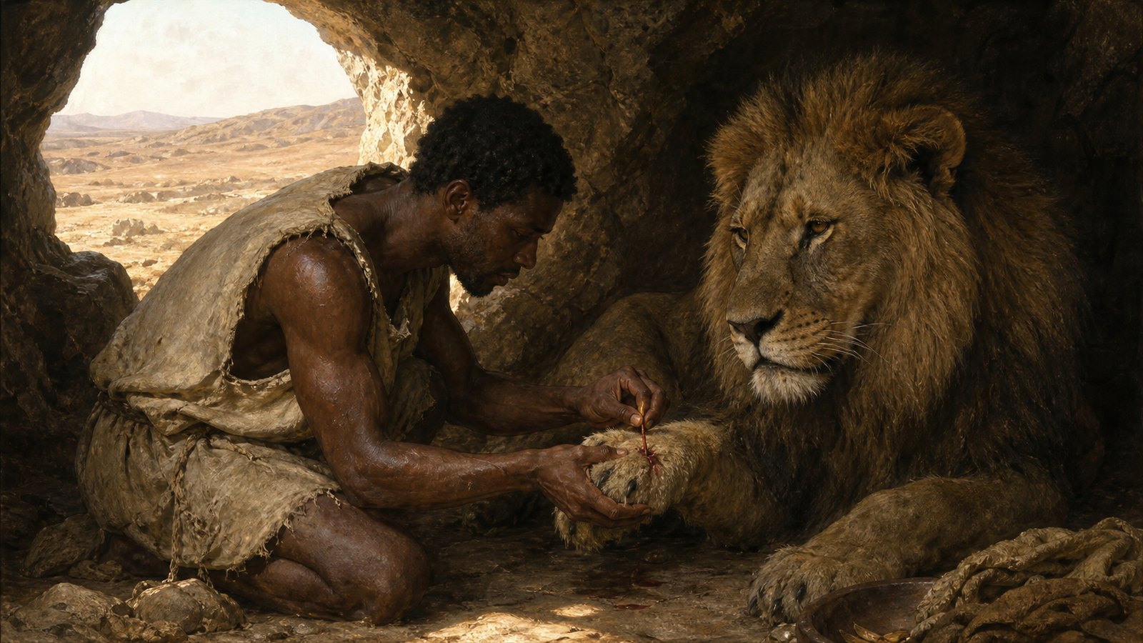 The cave episode as Androclus narrated it: an embedded splinter is removed from the lion's bleeding paw while fear gives way to careful attention.