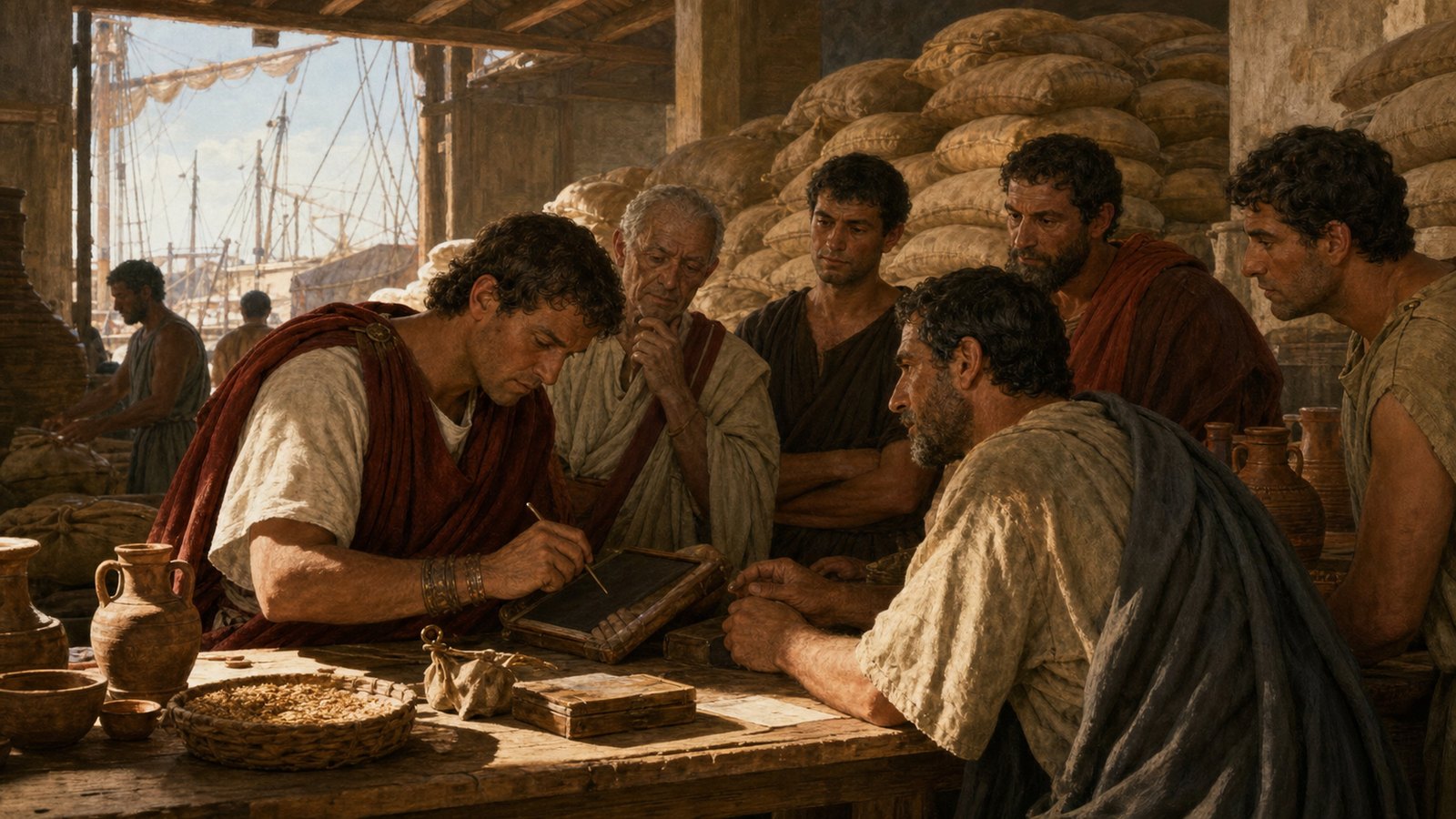 A grain merchant and financier record a loan beside the warehouses of Puteoli.