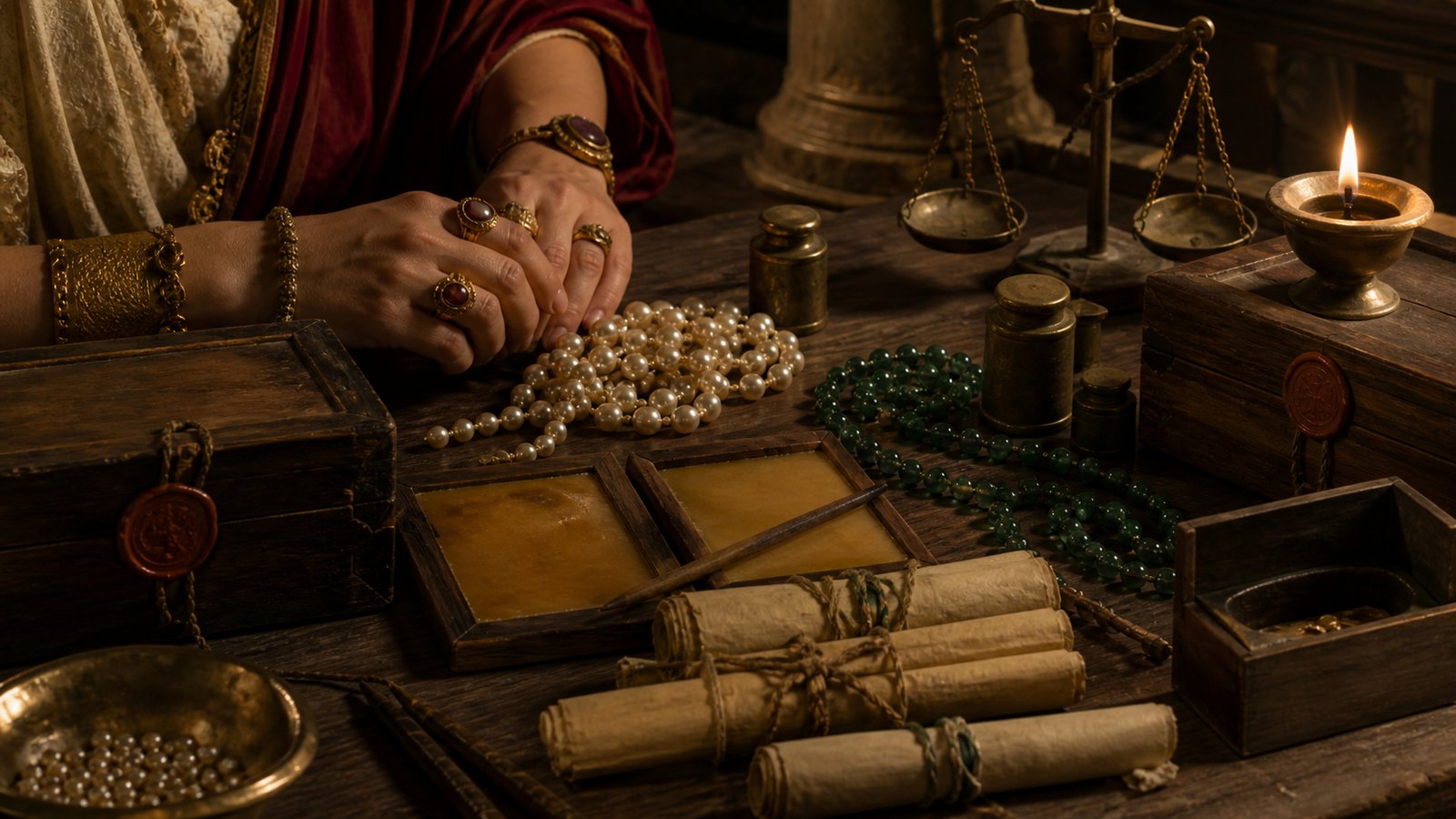 Lollia Paulina enters an ordinary Roman dinner under oil lamps, pearls and emeralds layered across her hair and arms.