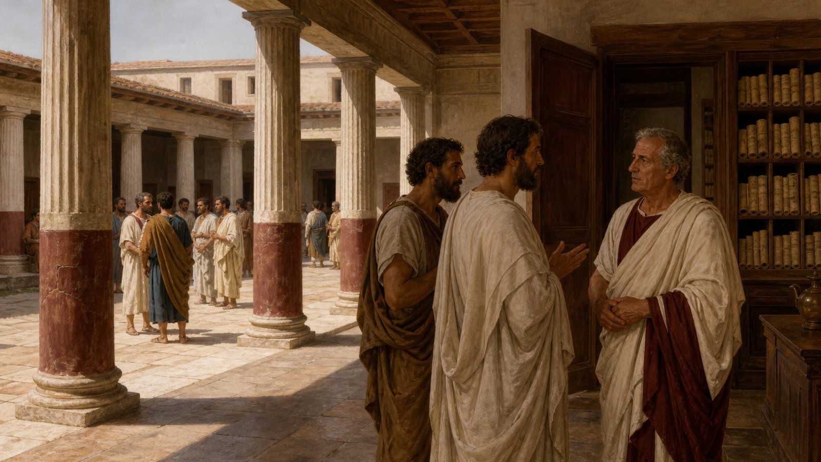 A welcoming private library courtyard in late Republican Rome, adult Greek scholars in plain draped garments entering through open doors while others read unmarked rolled scrolls or converse beneath a shaded colonnade, older Roman host Lucullus walking among them without military display, warm afternoon light, cinematic realistic oil-painting, muted earth tones and deep red accents, vertical 4:5, all scroll surfaces turned away or completely blank, no text, marks, letters, symbols, labels, crests, signatures, or watermark.