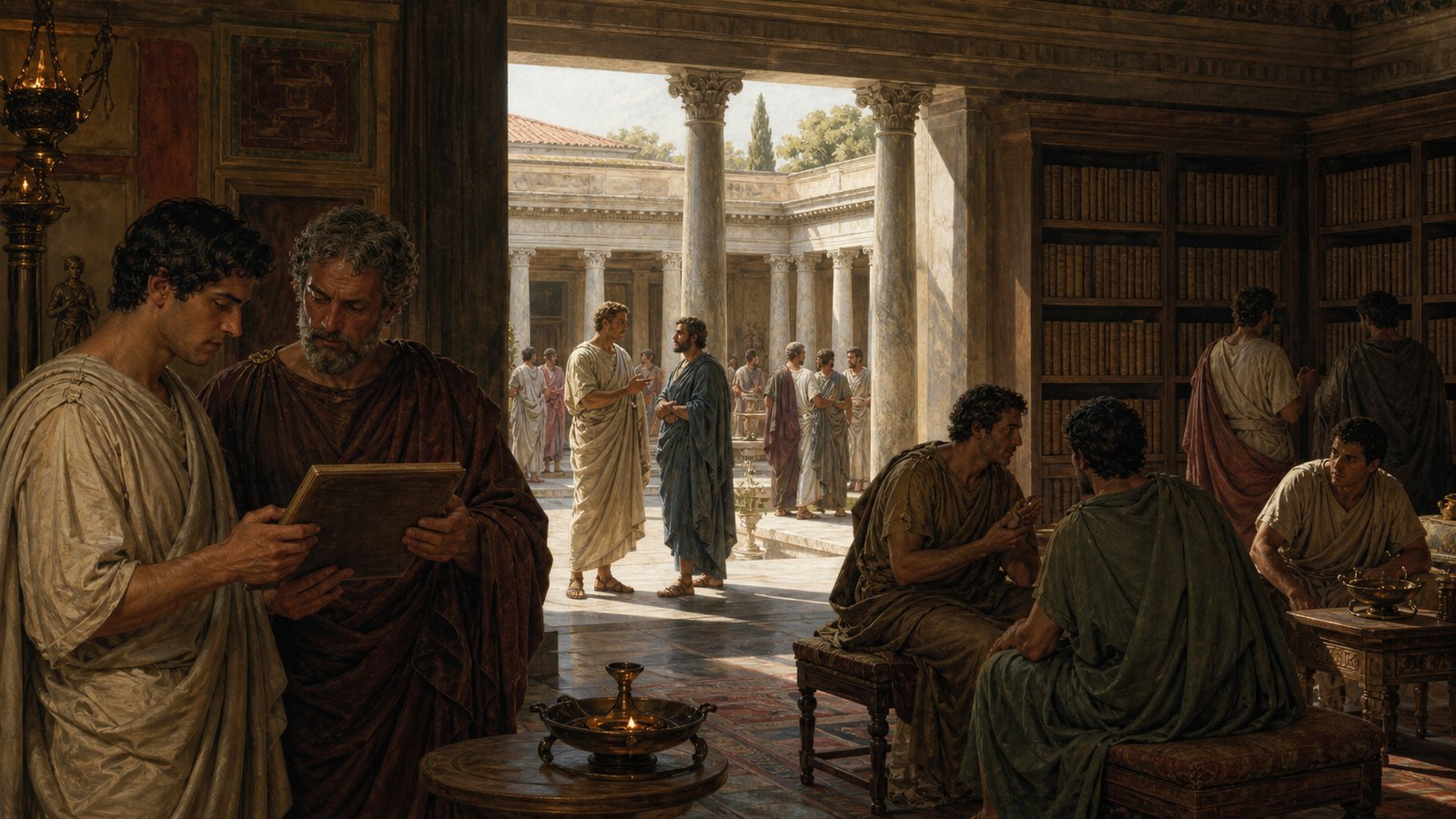 Wide ancient Roman library cloister used as a social study space, adult Greek visitors walking and debating in small groups around a sunlit courtyard, open study rooms with shelves of tightly closed blank papyrus rolls, an older Roman host calmly listening to two visitors, historically plausible architecture and garments, cinematic realistic oil-painting, horizontal 16:9, no visible writing, strokes, lines, inscriptions, signage, emblems, modern objects, signatures, or watermark.