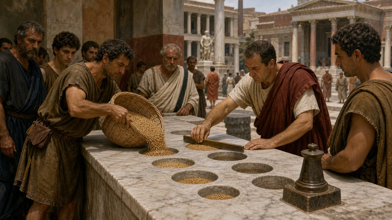 In Pompeii’s Forum, traders pour grain into the marble Mensa Ponderaria while a civic attendant levels the chosen standard basin.