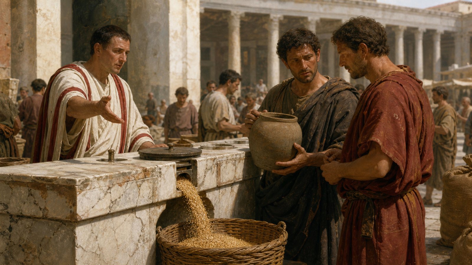 Close view of the public measuring counter as liquid drains from a capped cavity and two merchants compare their vessel beneath the Latin inscription.