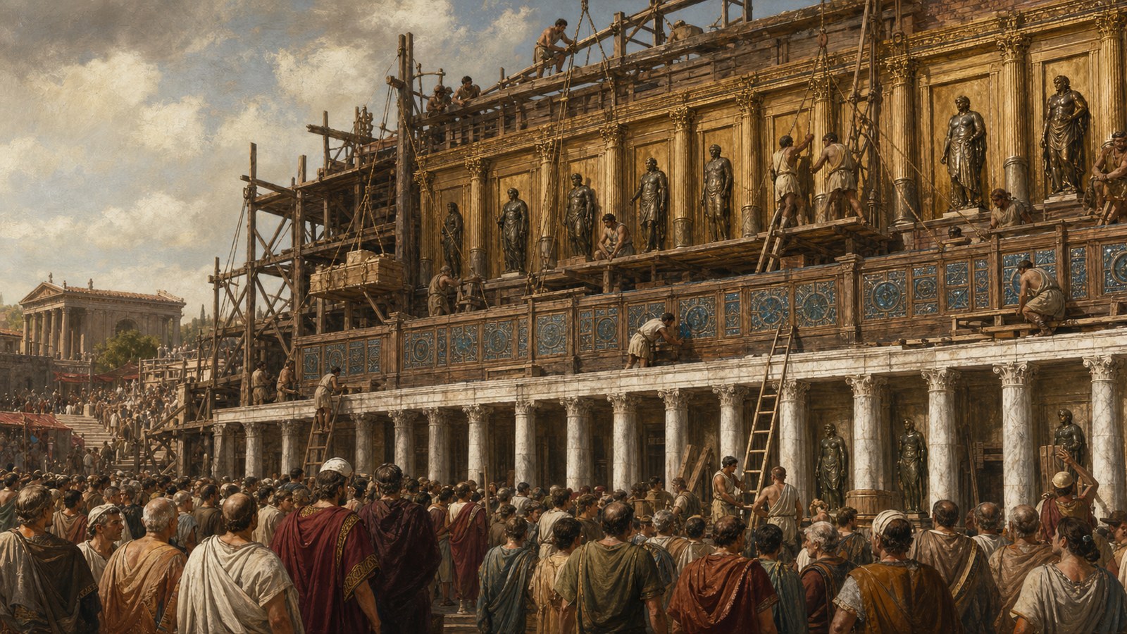 Workers complete a colossal temporary Roman stage façade: marble columns below, a gleaming glass-clad middle level, and gilded timber above, while festival crowds gather before it.