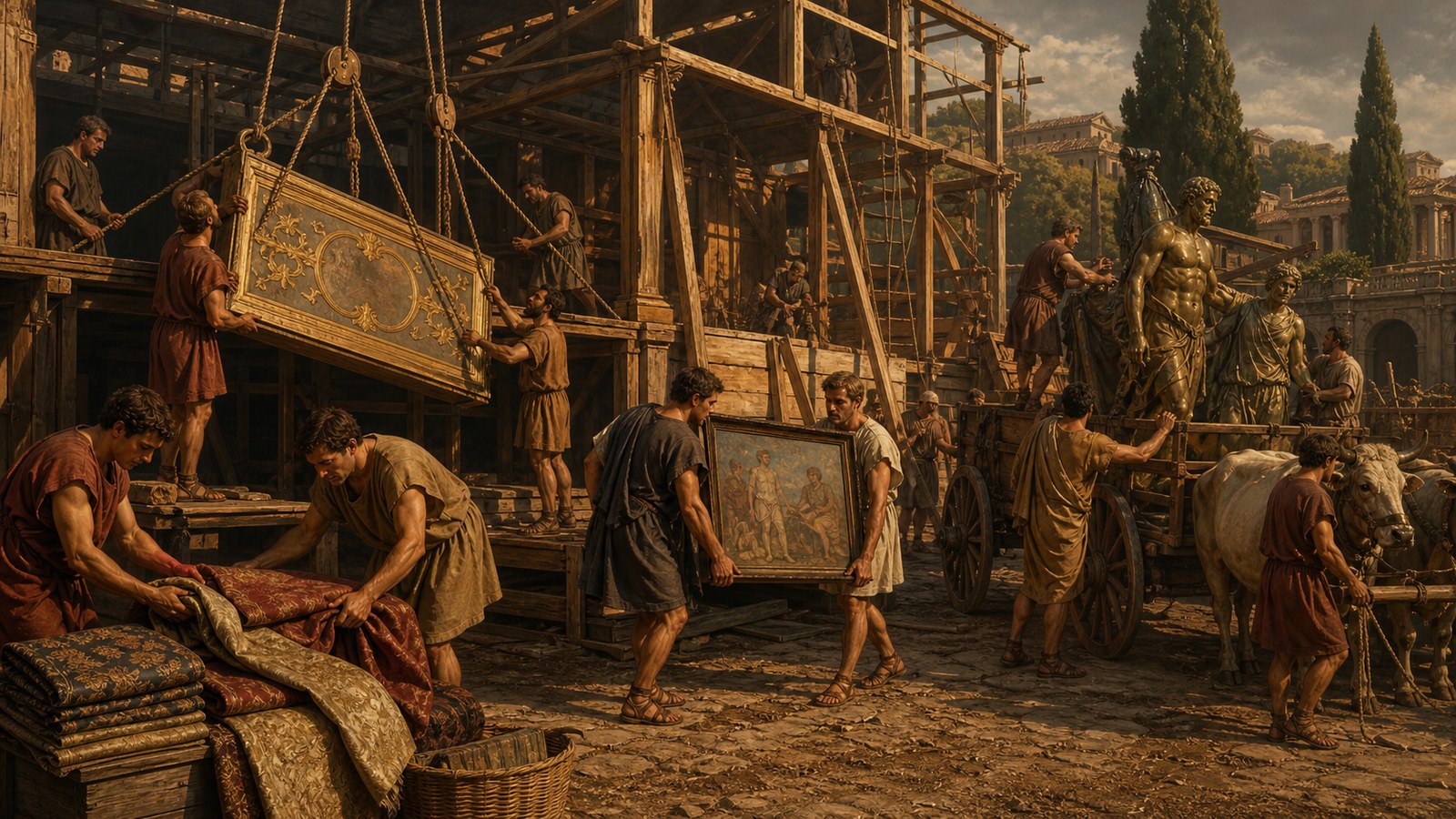 After the games, crews dismantle costly stage fittings—paintings, rich textiles, bronze sculpture and gilded timber—for transport from the public theatre toward a private villa.