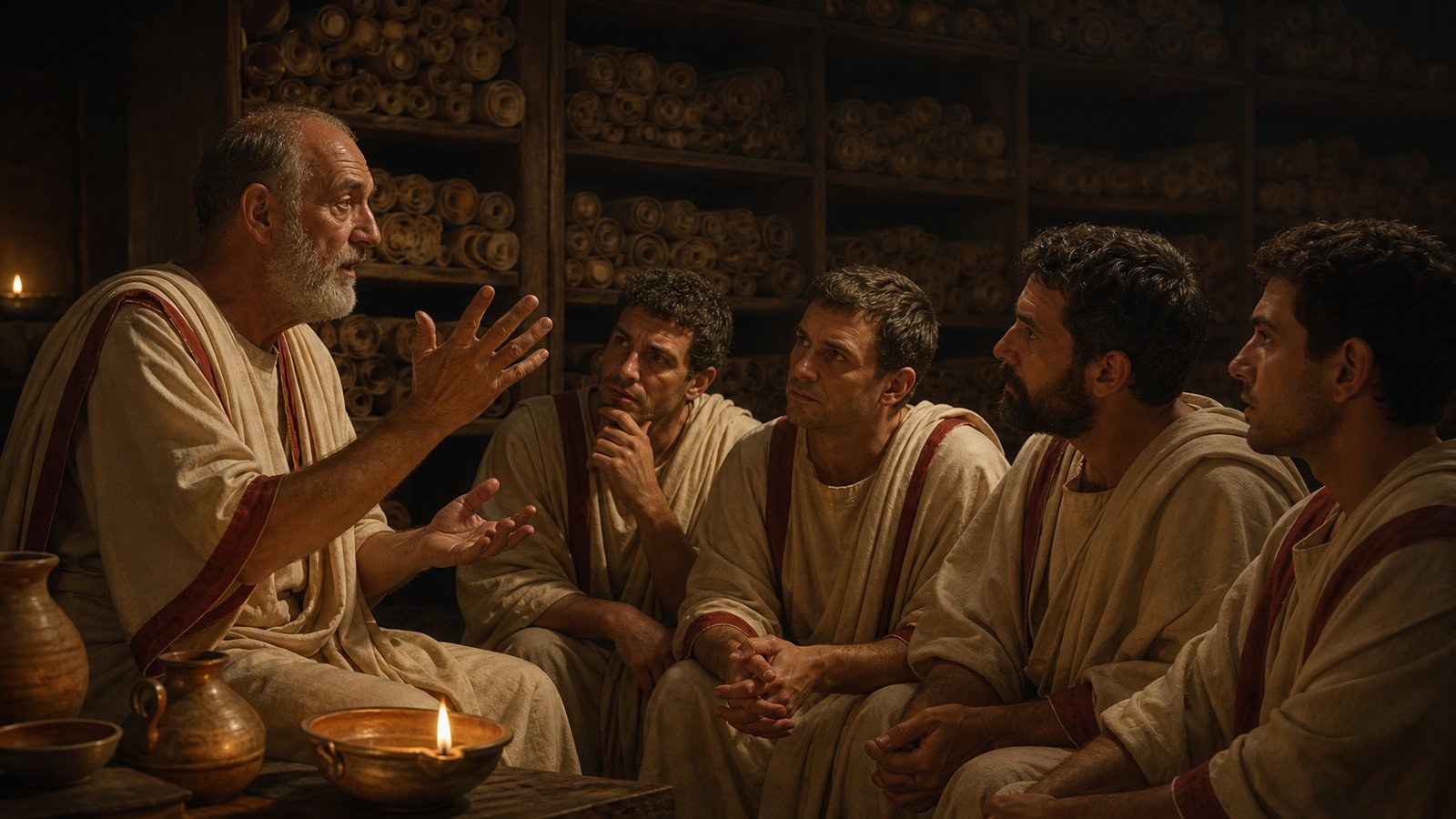 A priest consults a blank-facing prayer roll before symbolic figures of Mars and a female companion, visualizing the unresolved movement between the war god’s courage and his divine wife.