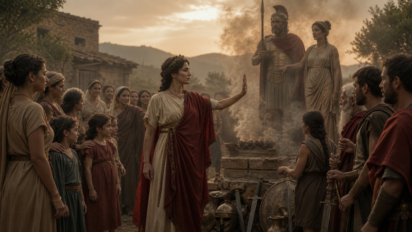 Hersilia raises a hand between early Roman and Sabine households as a paired image of Mars and Nerio stands beyond the altar, connecting an old divine name to a plea for peace and lasting marriages.
