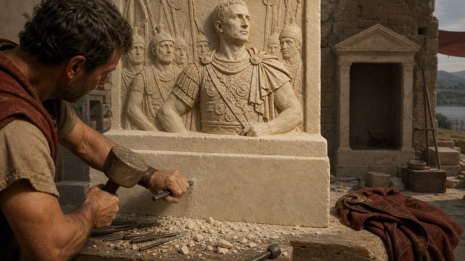 Marcus Caelius’s cenotaph newly erected near the Rhine, with the decorated centurion central and two smaller freedmen at the sides.