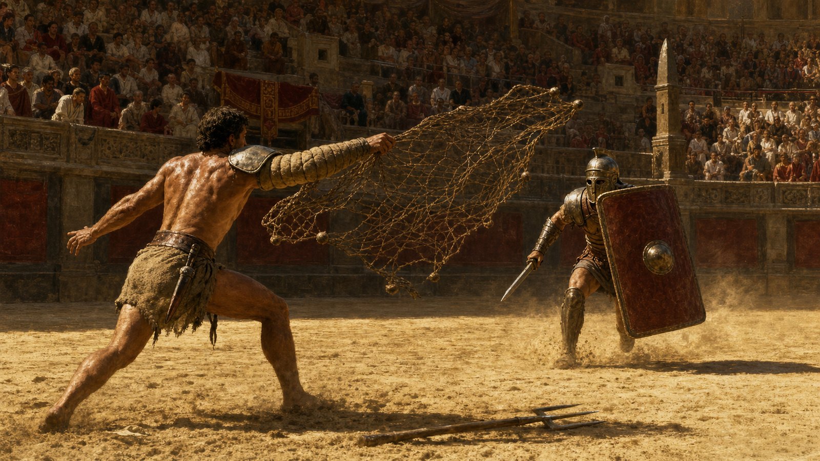 A weighted net forced the shielded secutor to react before his sword could reach.