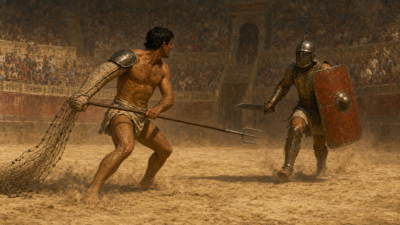 After a missed cast, the bare-headed retiarius used trident reach to rebuild distance.