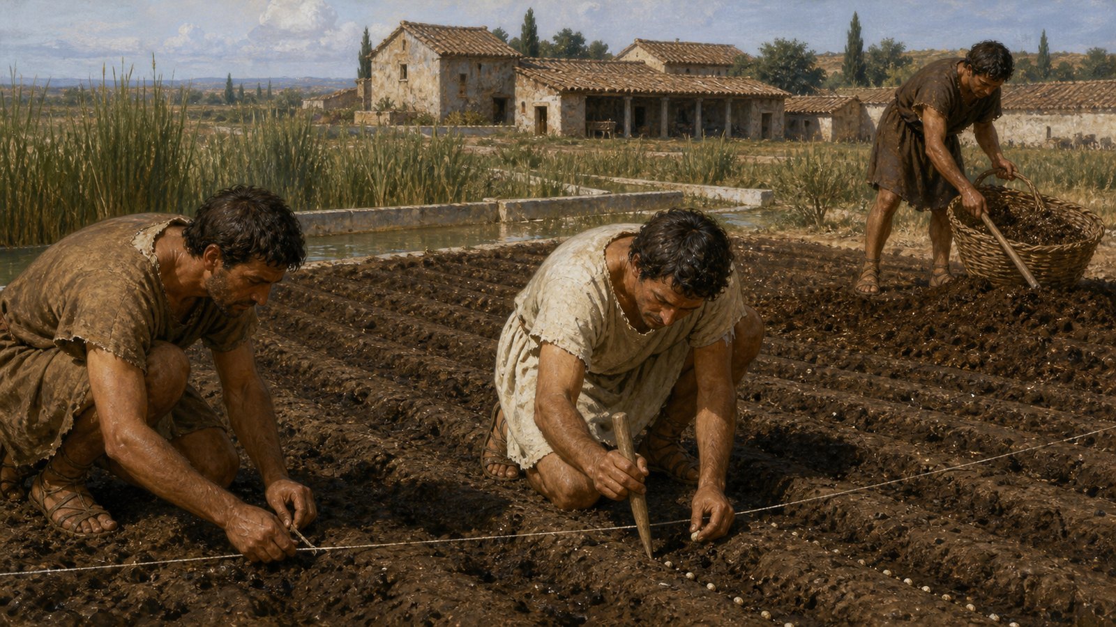 A Roman gardener uses a dibble and cord to place asparagus seeds in measured holes while workers spread sheep dung across a damp kitchen-garden bed.